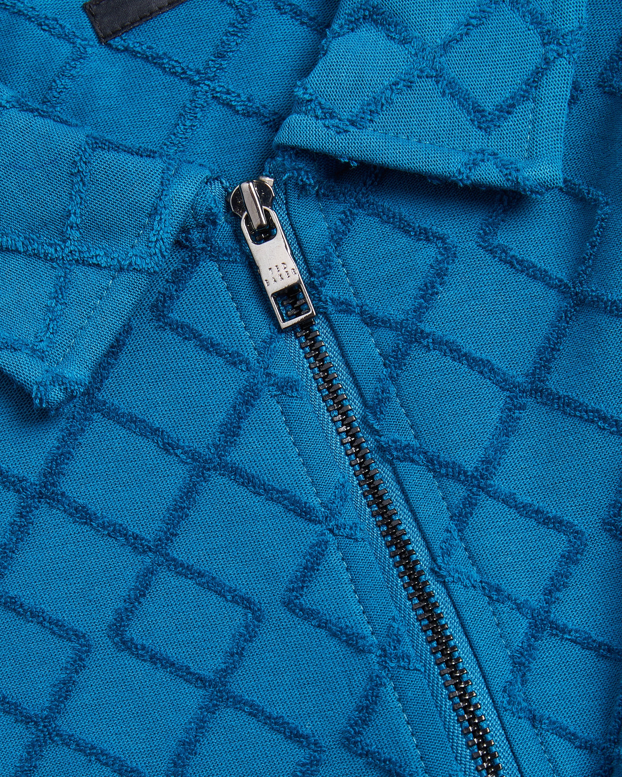 Ansom Zip-Neck Textured Towelling Cotton Polo Teal Blue