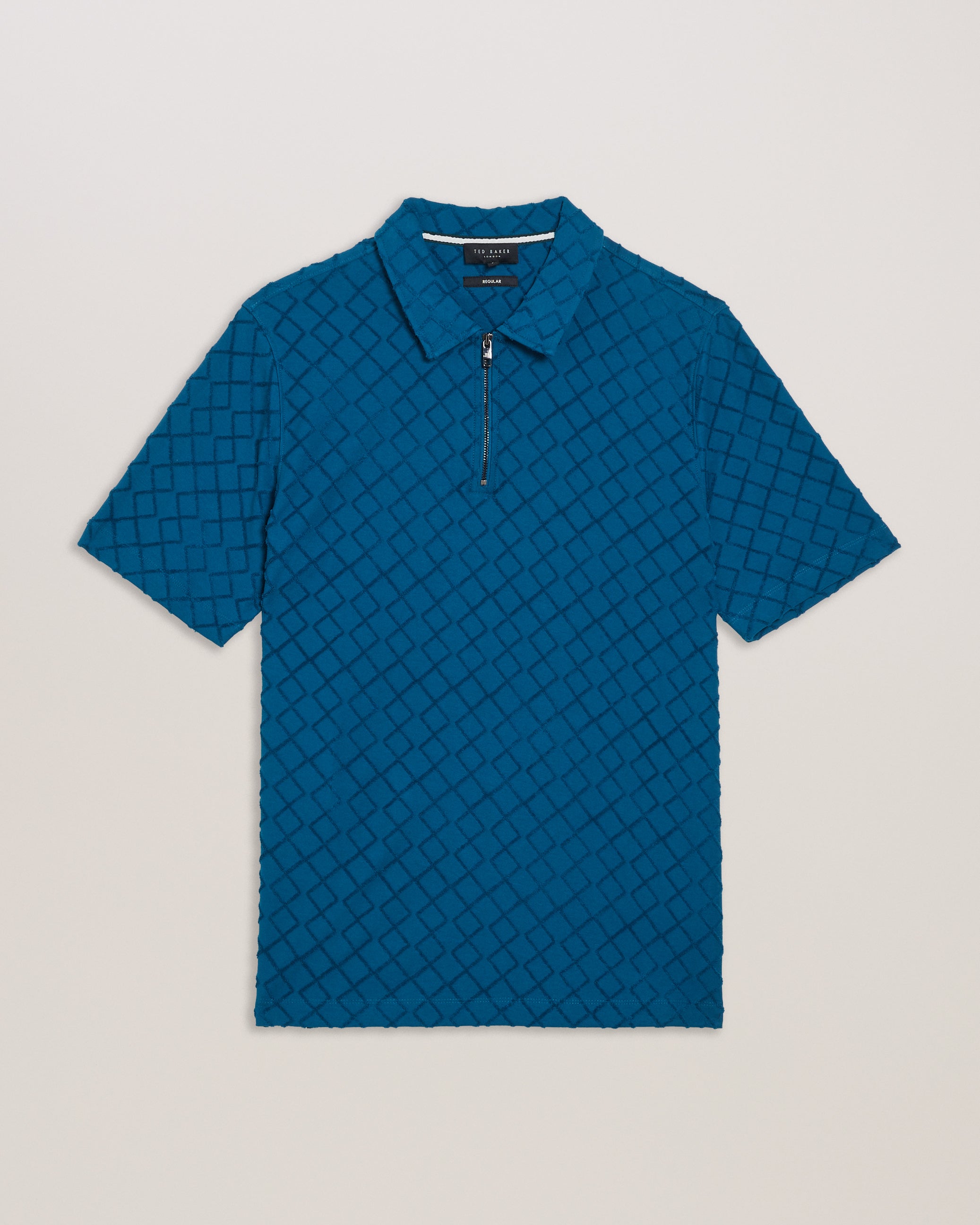 Ansom Zip-Neck Textured Towelling Cotton Polo Teal Blue