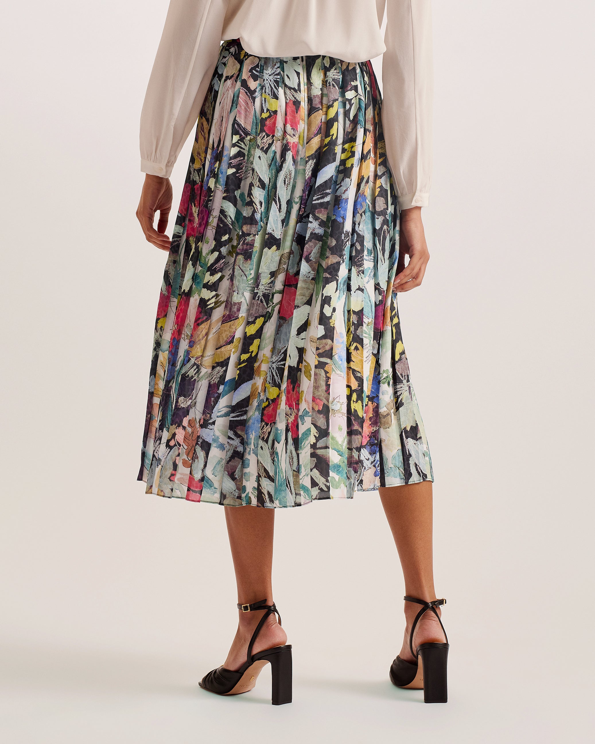 Cornina Floral Pleated Midi Skirt Black