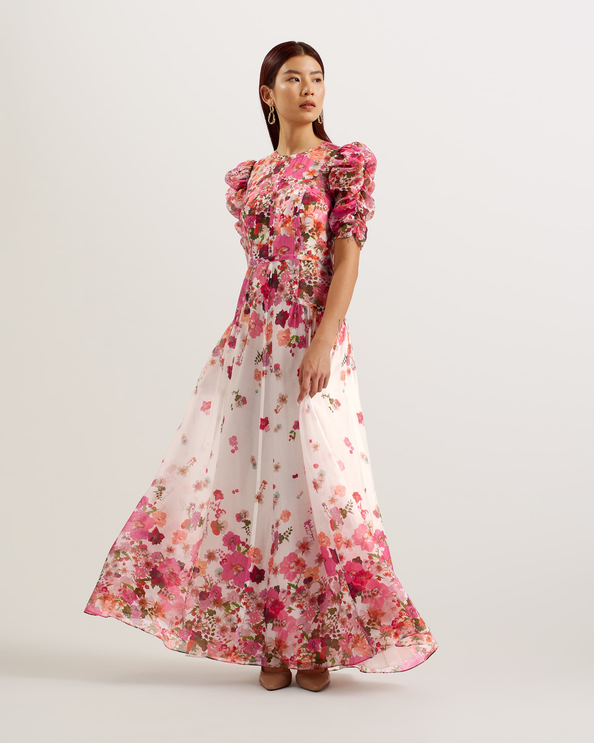 Alviano Floral Print Puff Sleeve Maxi Dress Pink