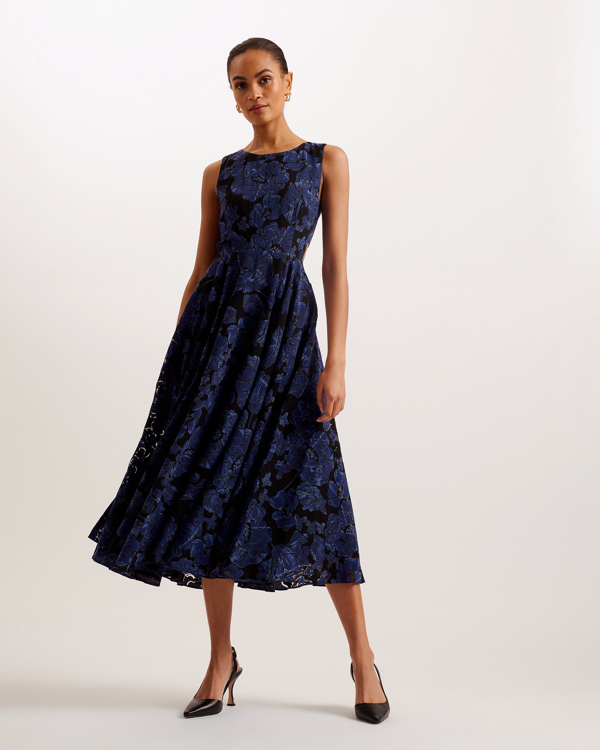 Occhito Cut Out A-Line Midi Dress Navy
