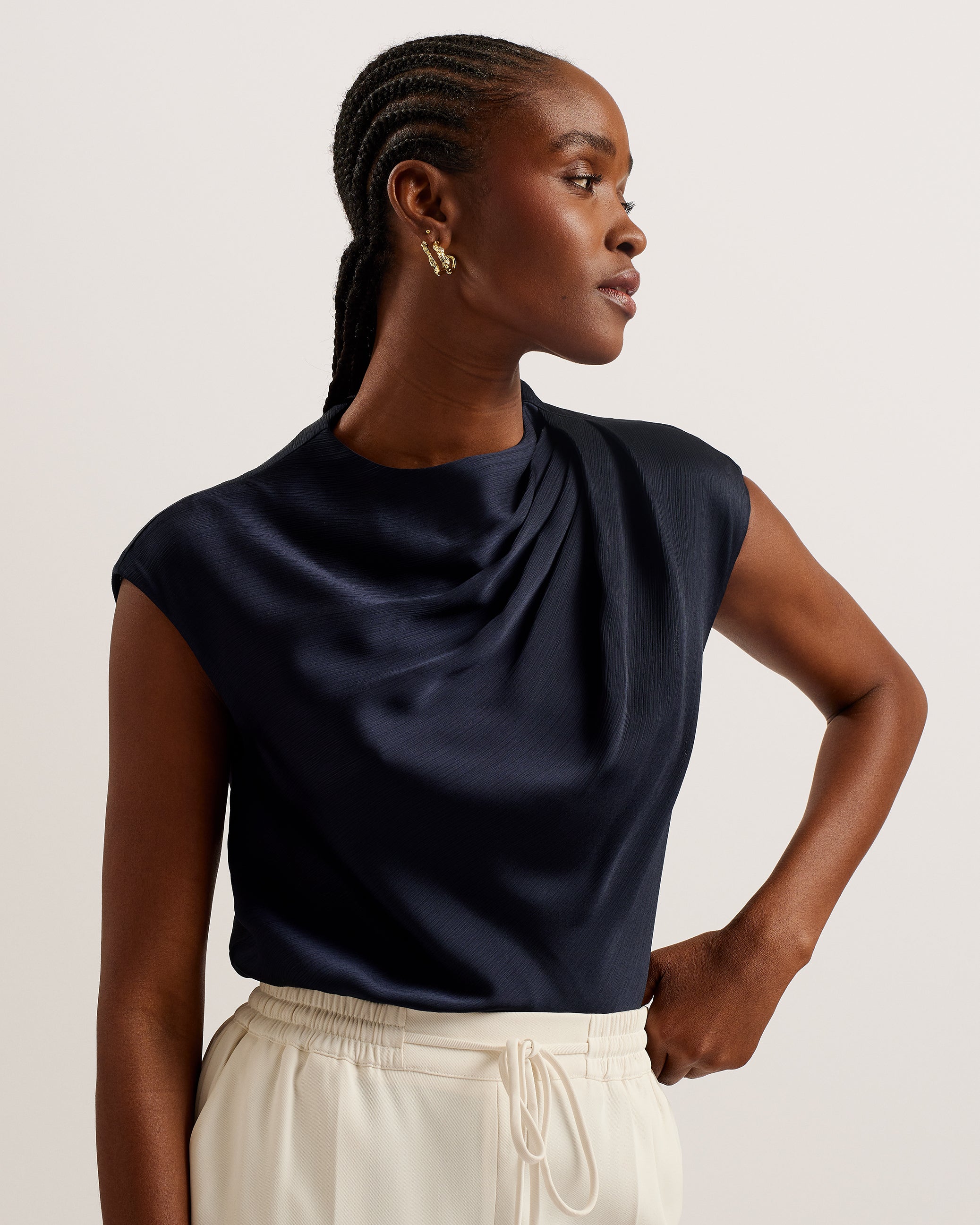 Misrina Drape Neck Cap Sleeve Top Navy
