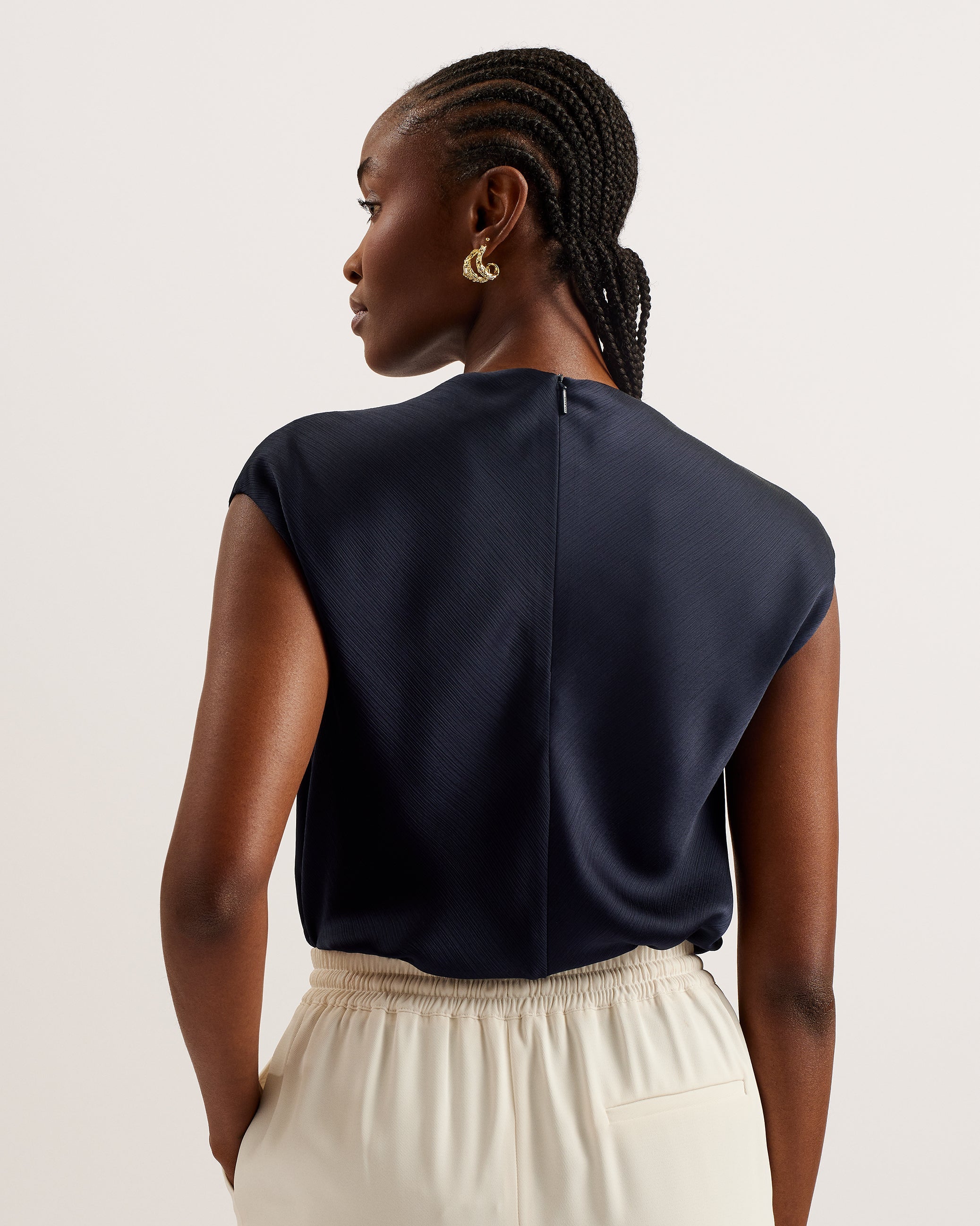 Misrina Drape Neck Cap Sleeve Top Navy