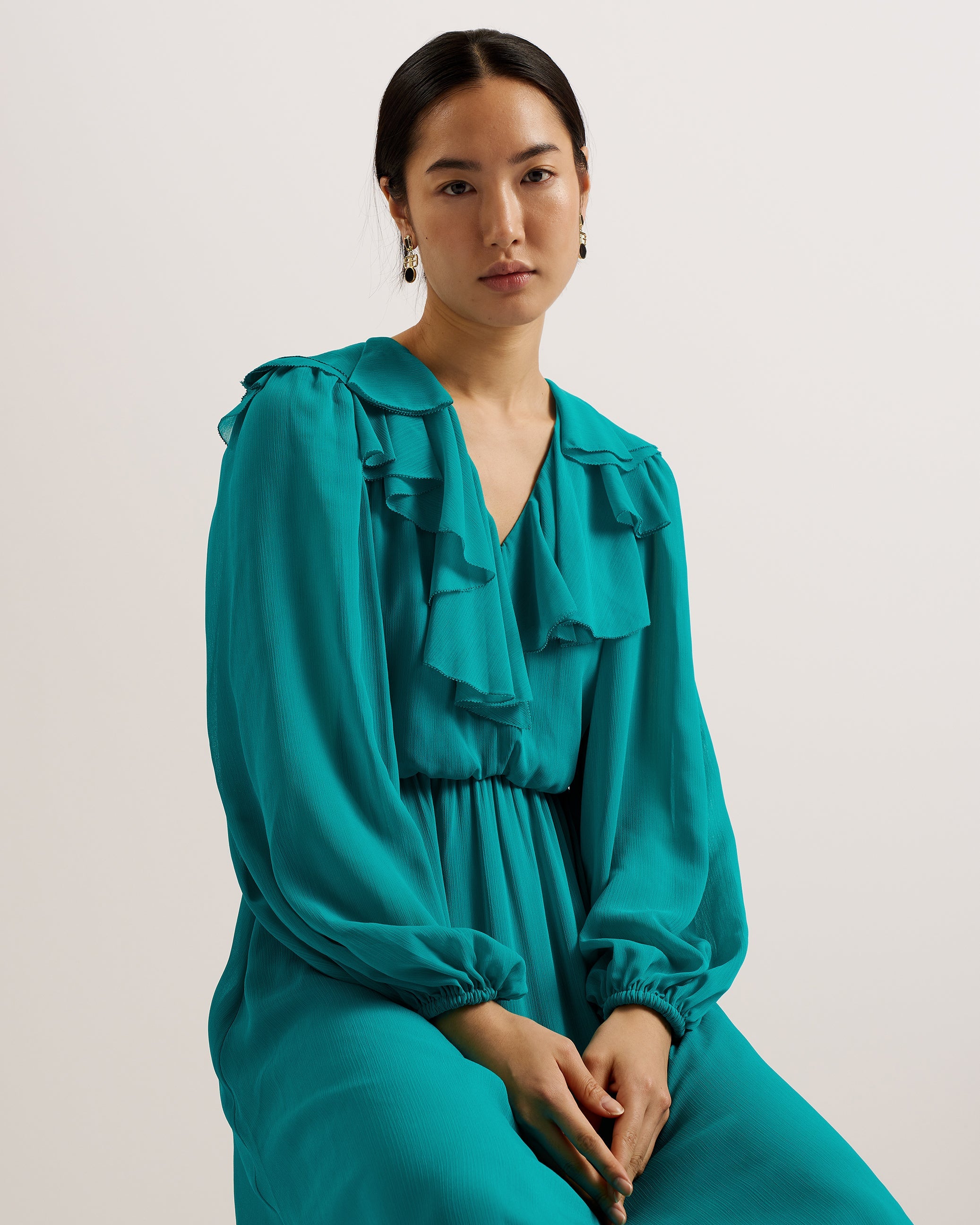 Keina Long Sleeve Maxi Dress With Ruffles Green