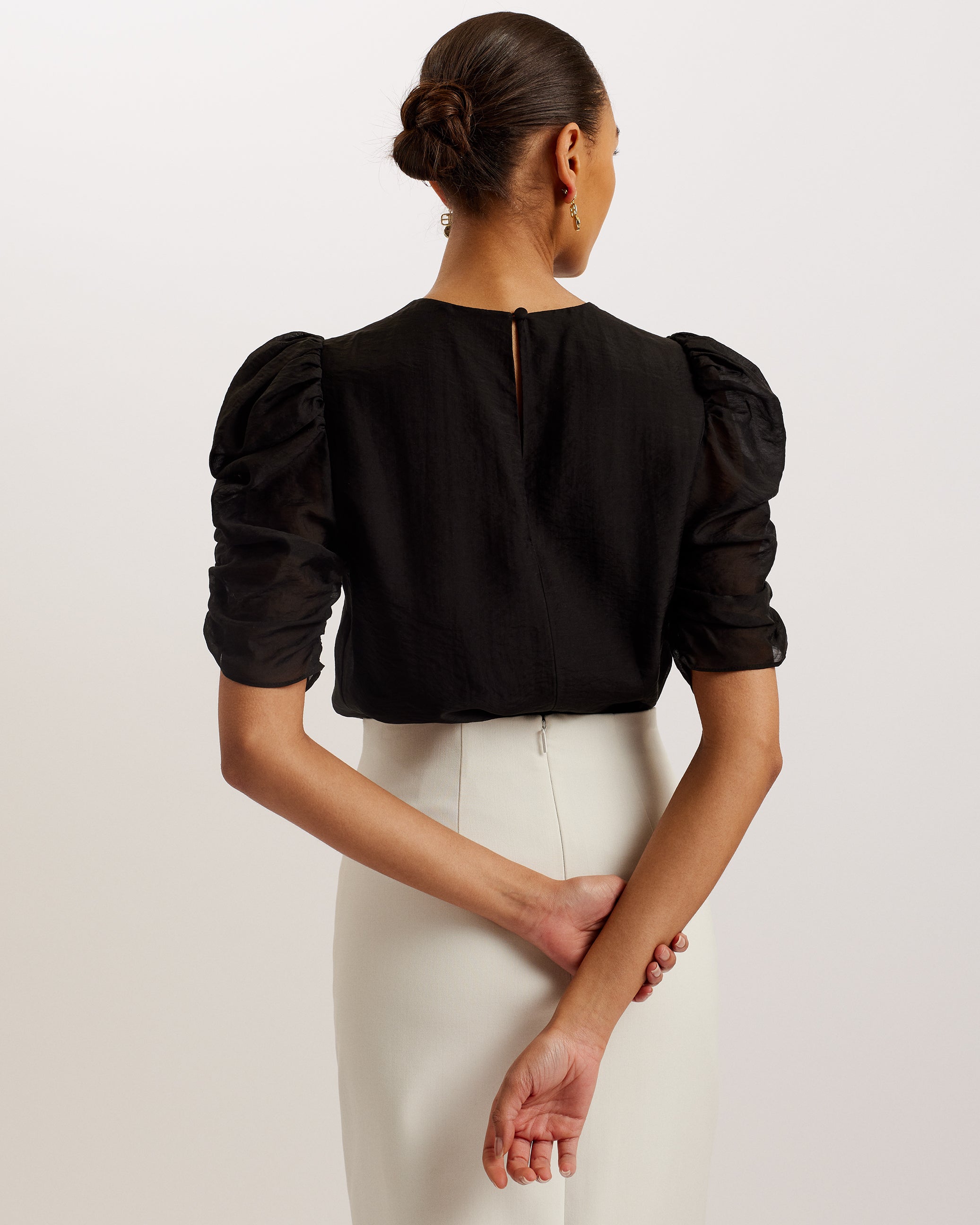 Sachiko Short Puff Sleeve Organza Top Black