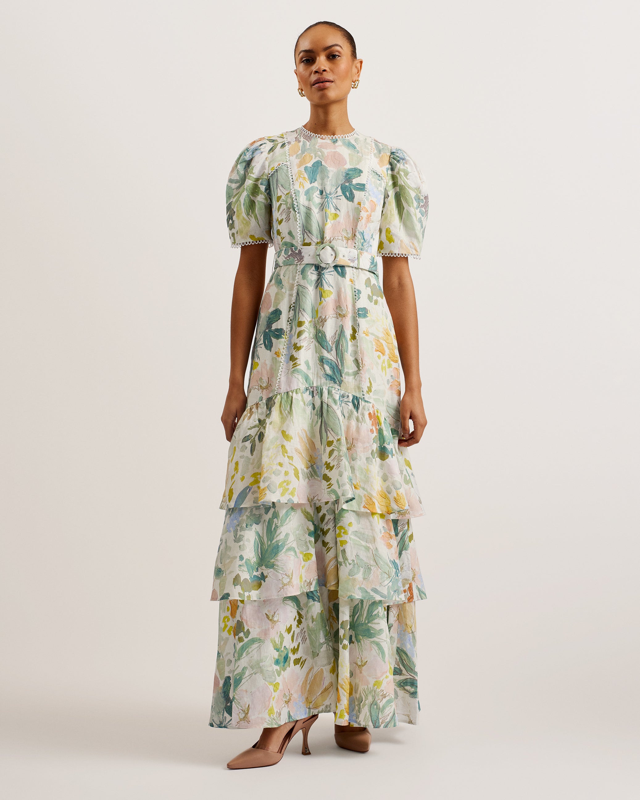 Devero Belted Floral Tiered Maxi Dress Ivory