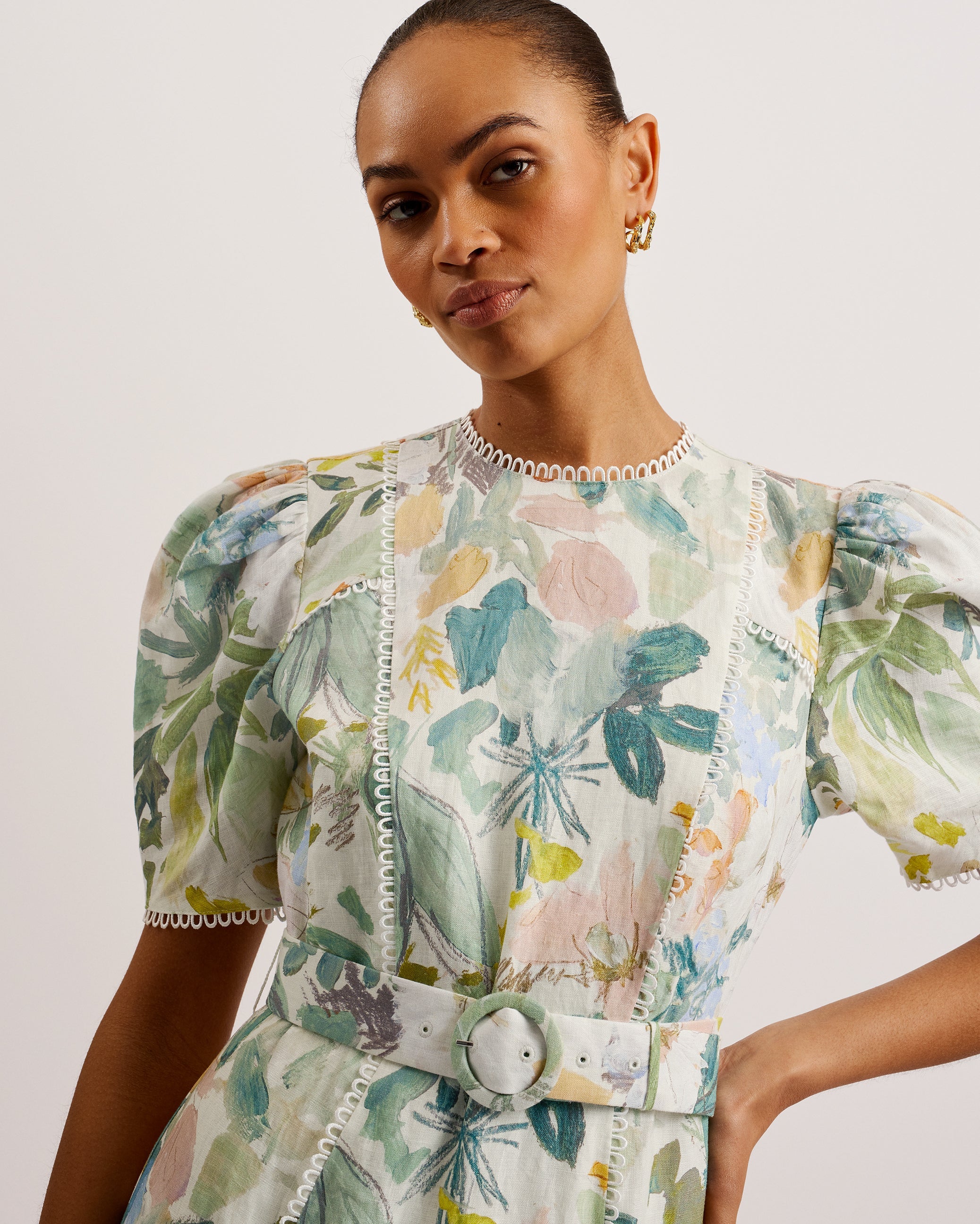Devero Belted Floral Tiered Maxi Dress Ivory