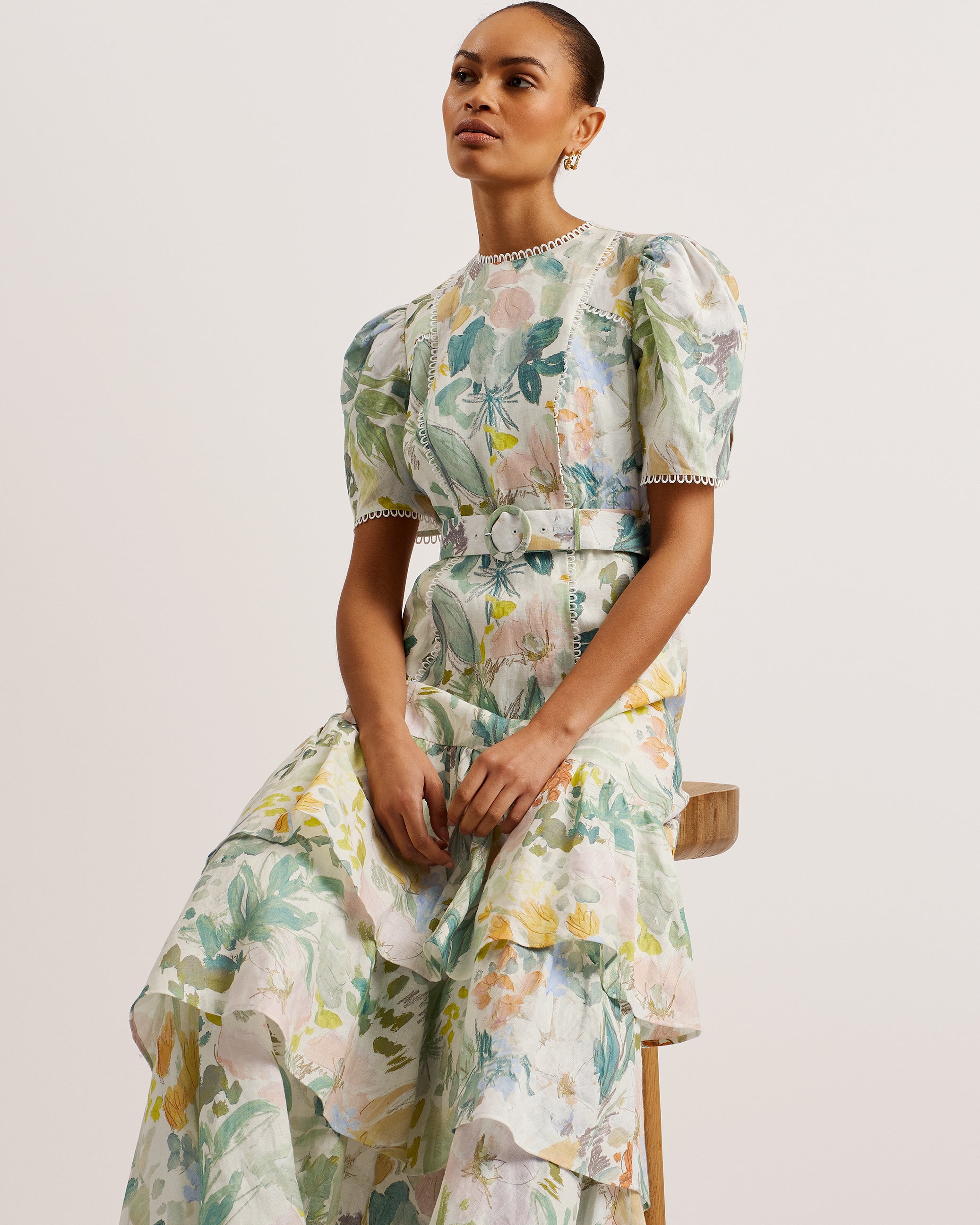 Devero Belted Floral Tiered Maxi Dress Ivory