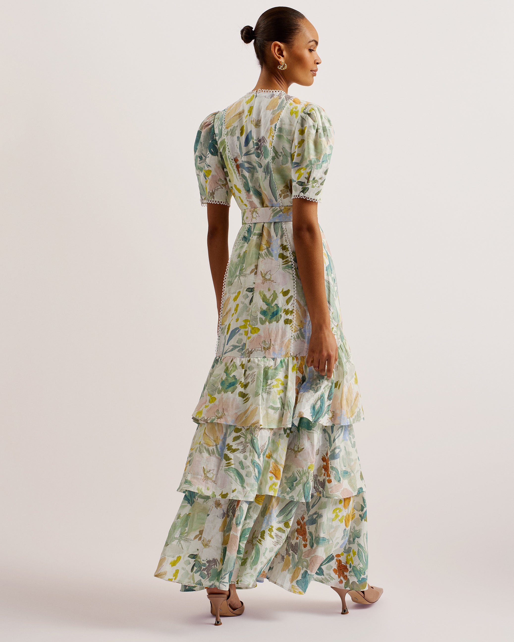 Devero Belted Floral Tiered Maxi Dress Ivory