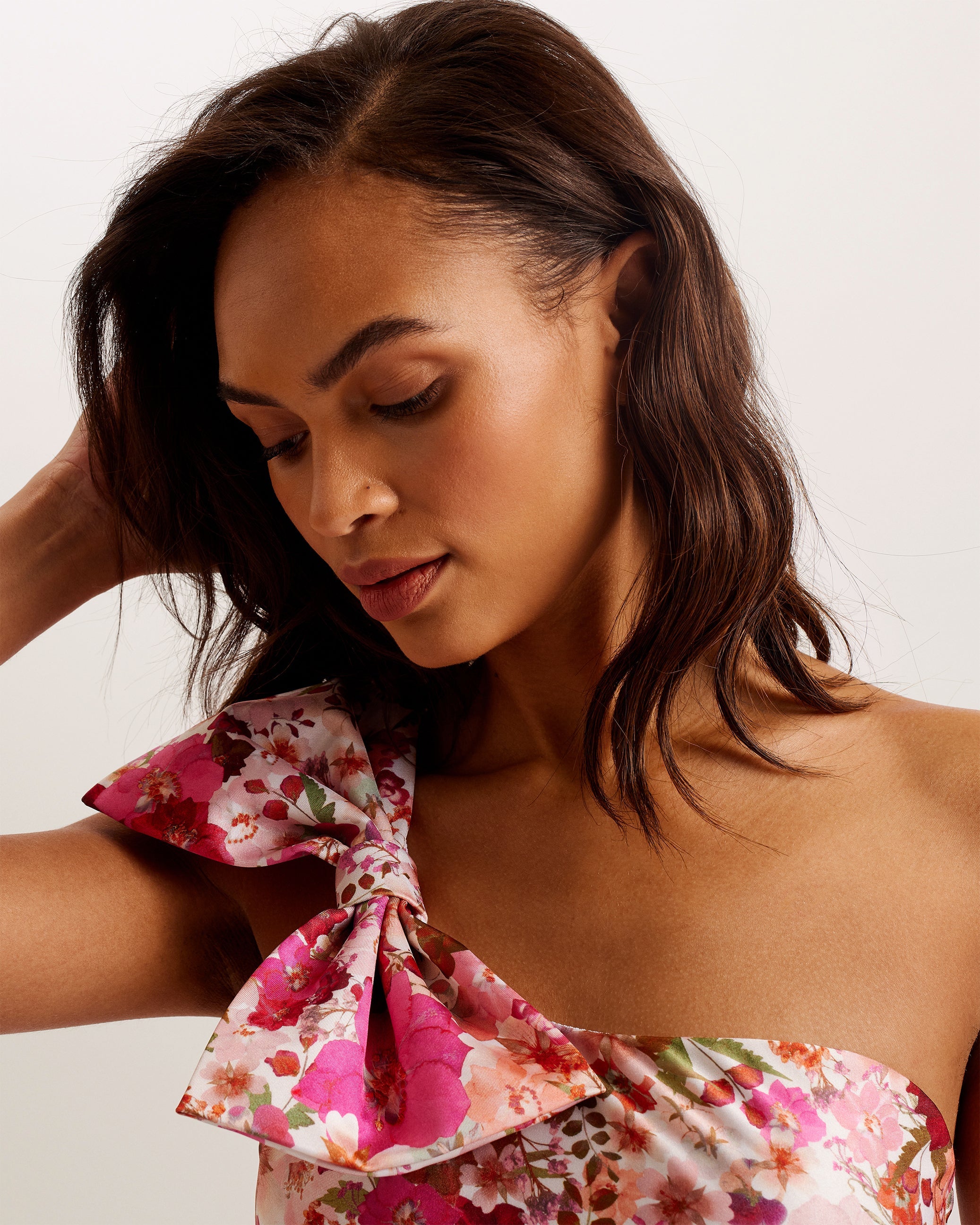 Zayley One Shoulder Floral Swimsuit With Bow Pink