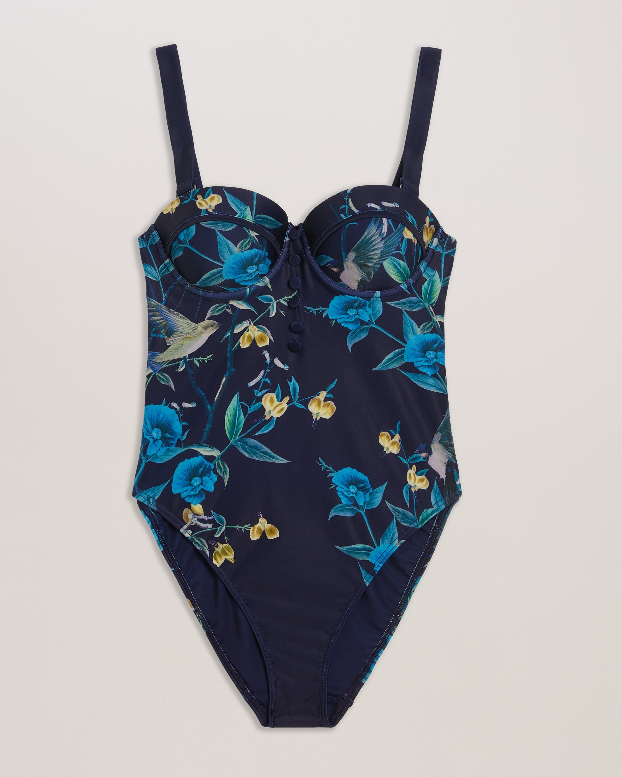 Rainnah Print Cupped Swimsuit With Button Detail Navy