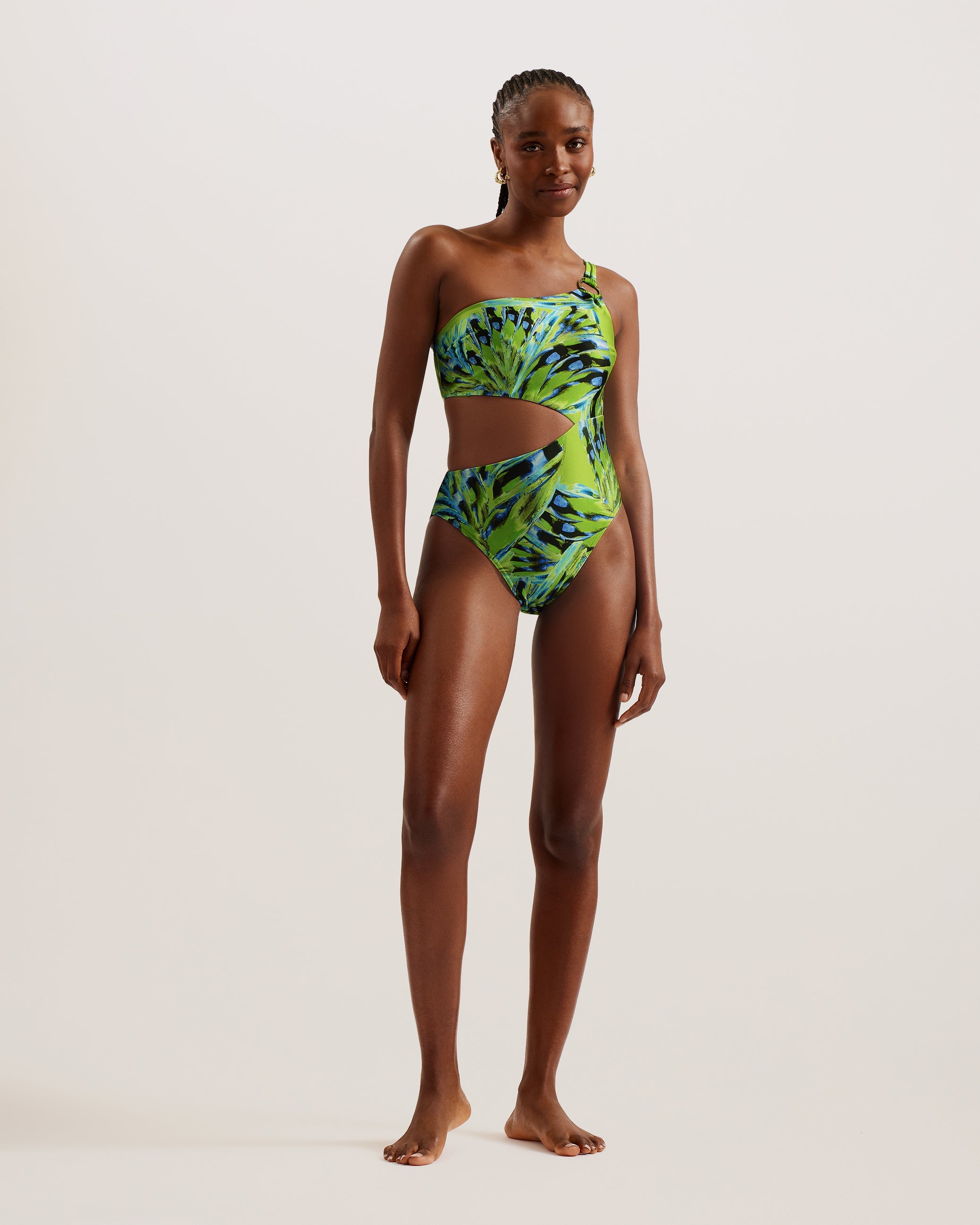 Alfieea Printed One Shoulder Cut Out Swimsuit Lime