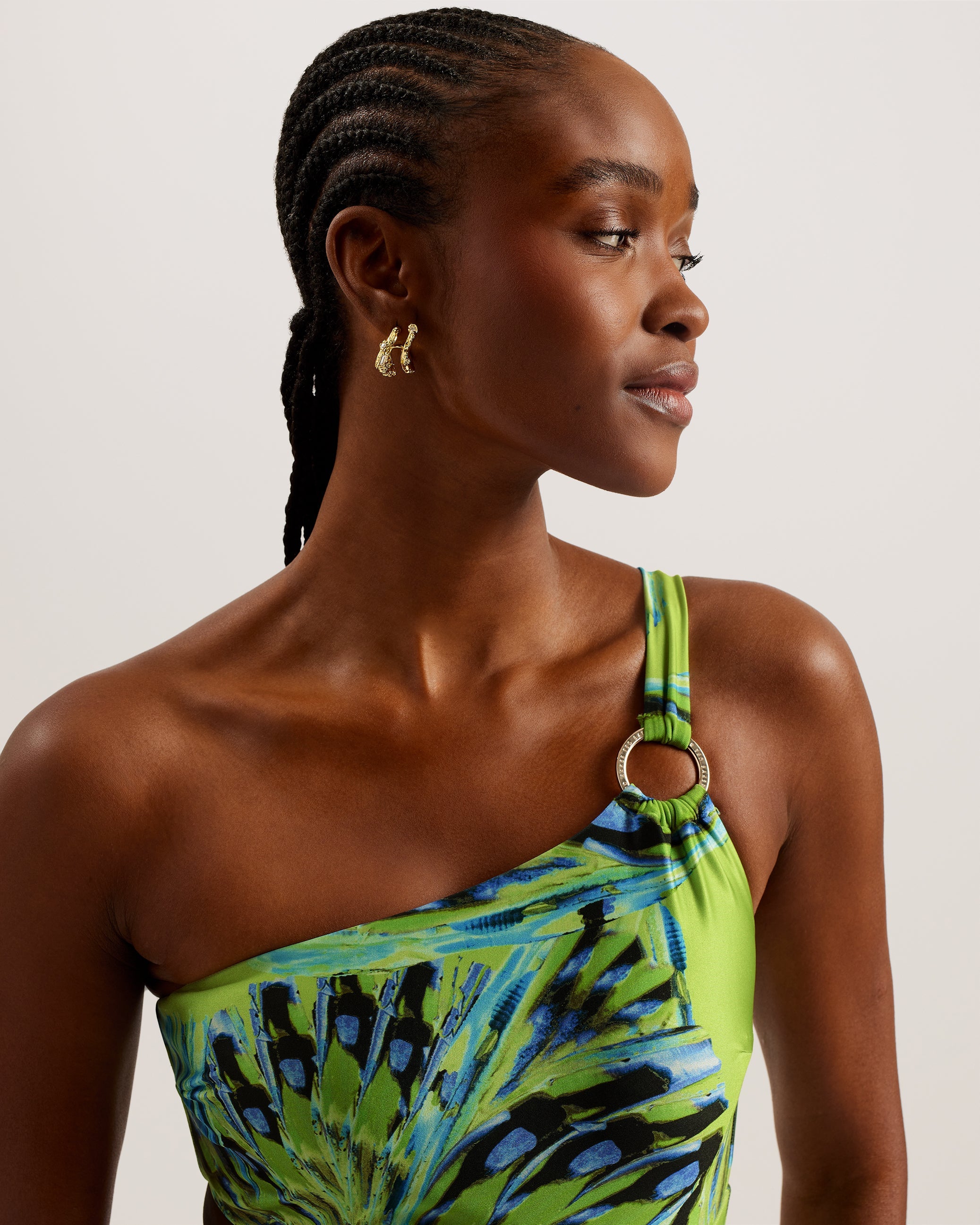 Alfieea Printed One Shoulder Cut Out Swimsuit Lime