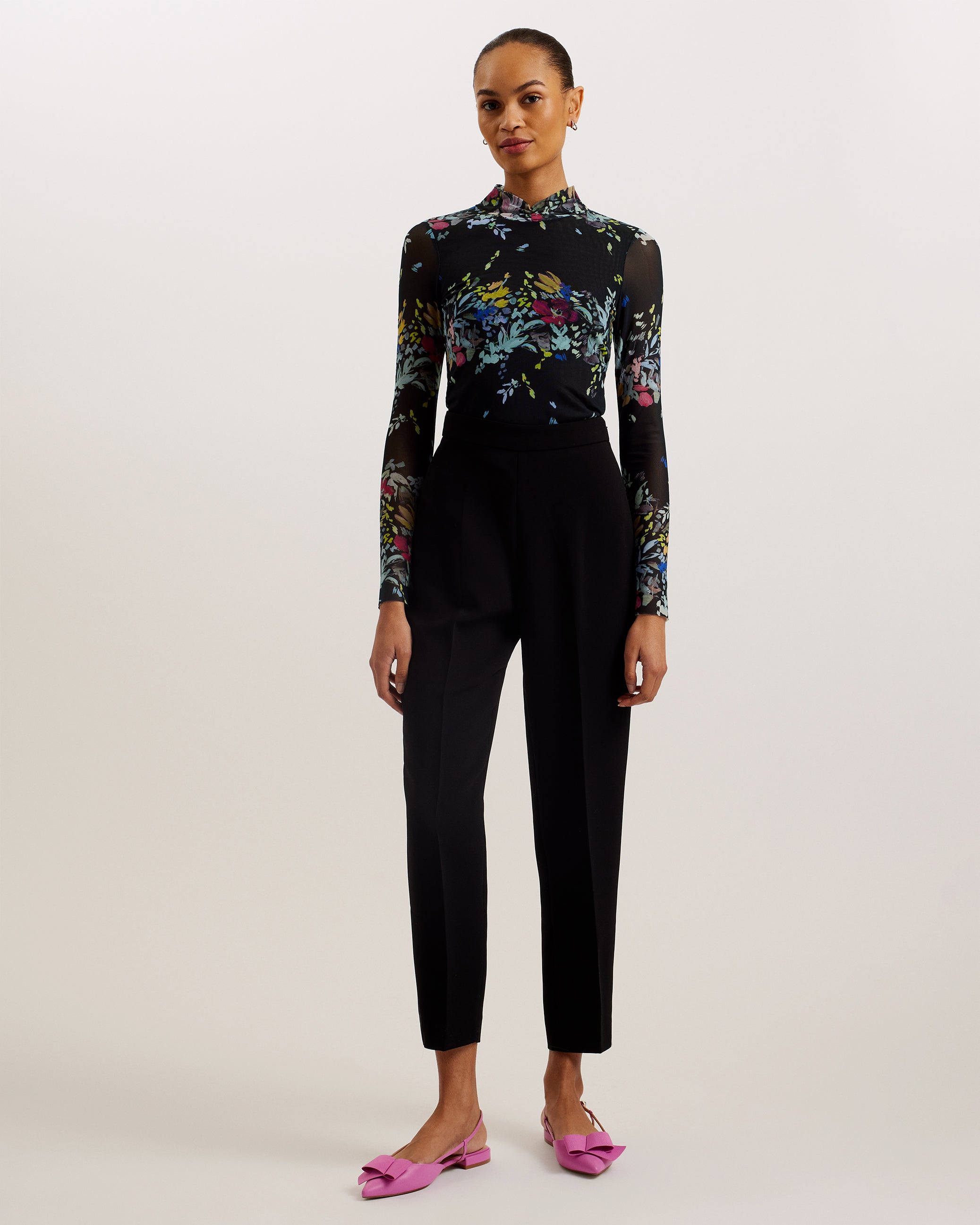 Amandha Printed Mesh Top With Sheer Back Black