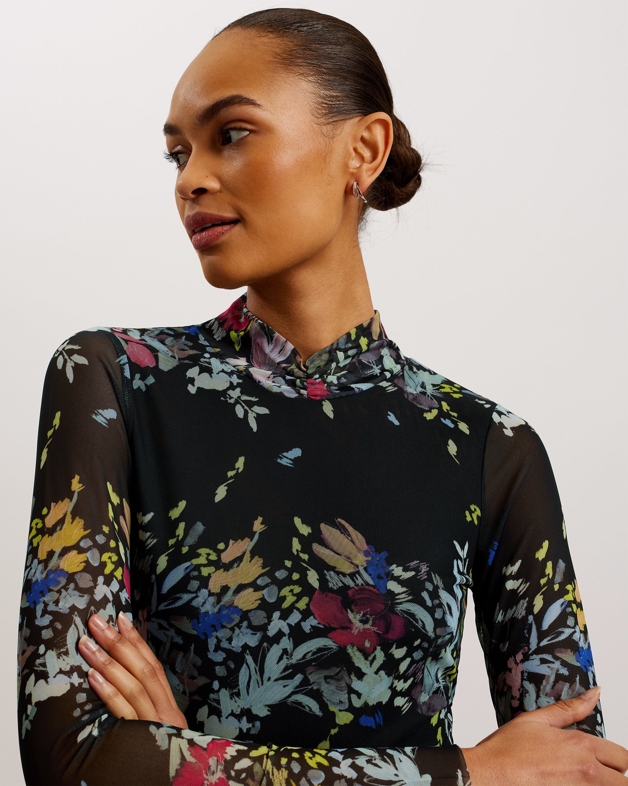 Amandha Printed Mesh Top With Sheer Back Black