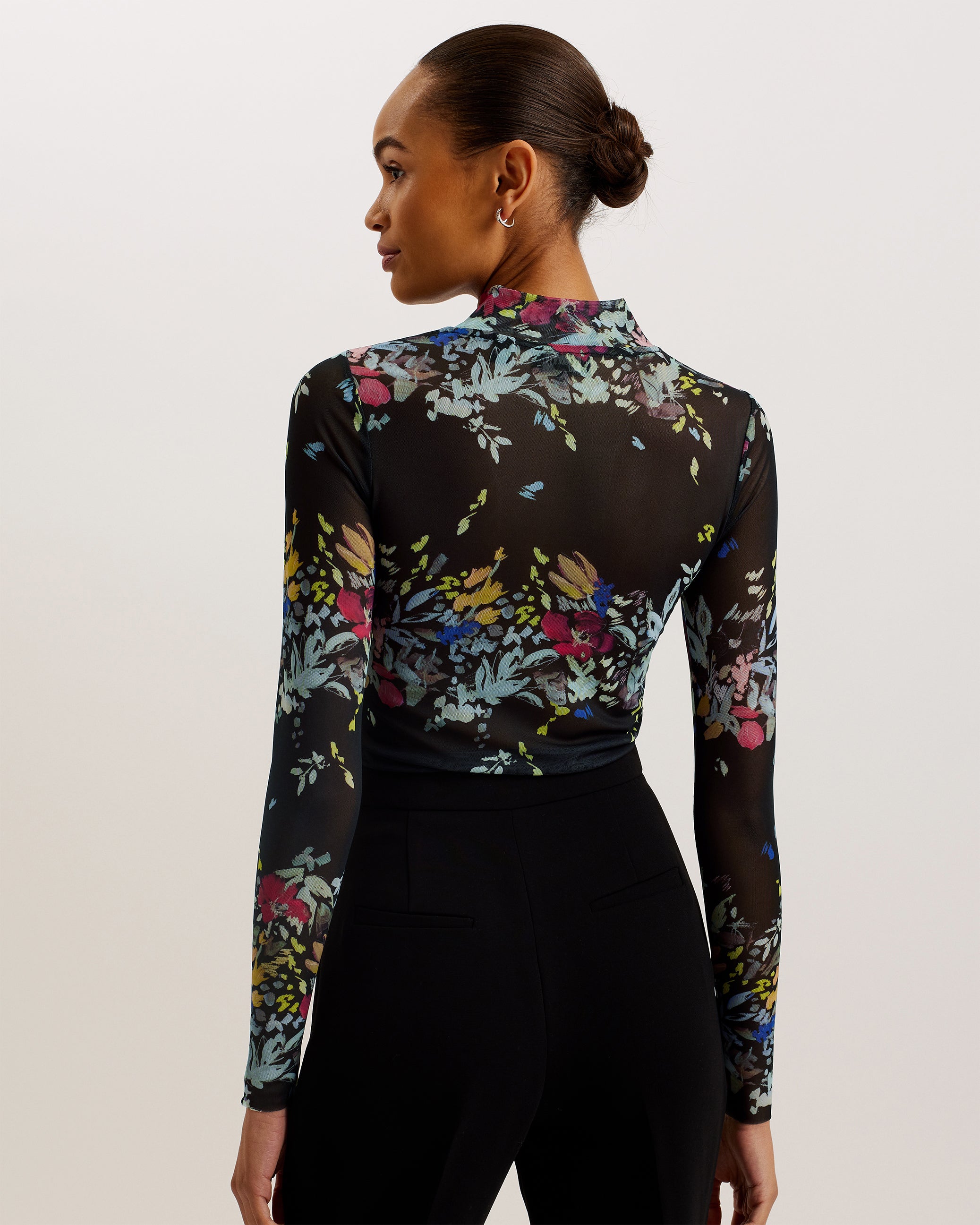 Amandha Printed Mesh Top With Sheer Back Black