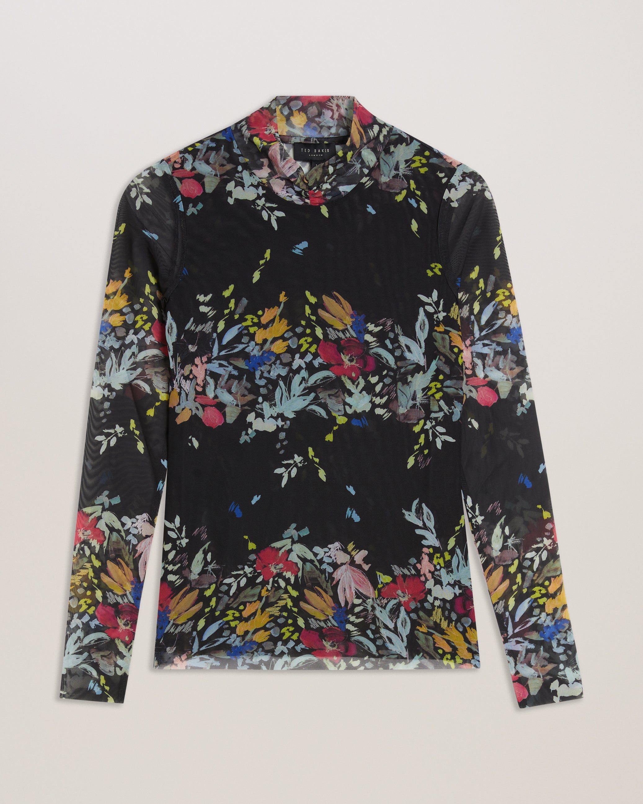 Amandha Printed Mesh Top With Sheer Back Black