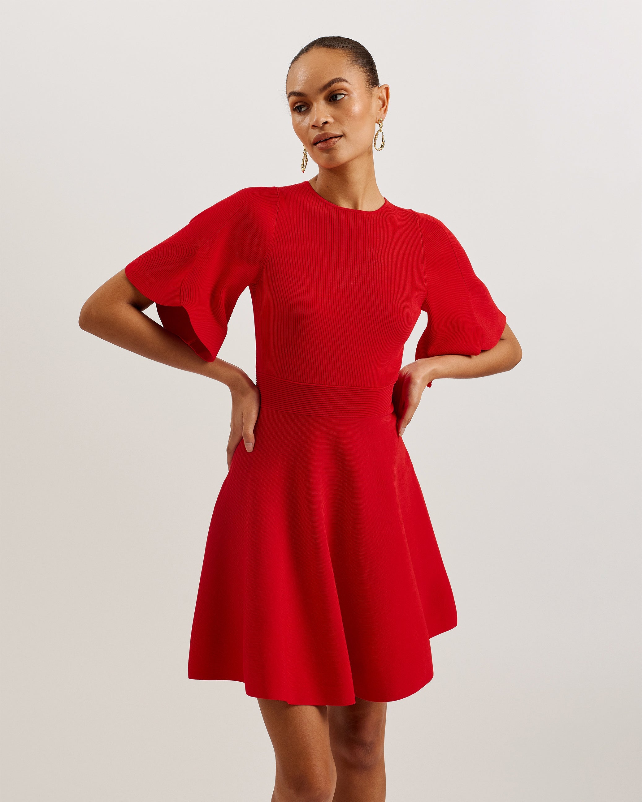 Oliviha Rib Engineered Skater Dress Red