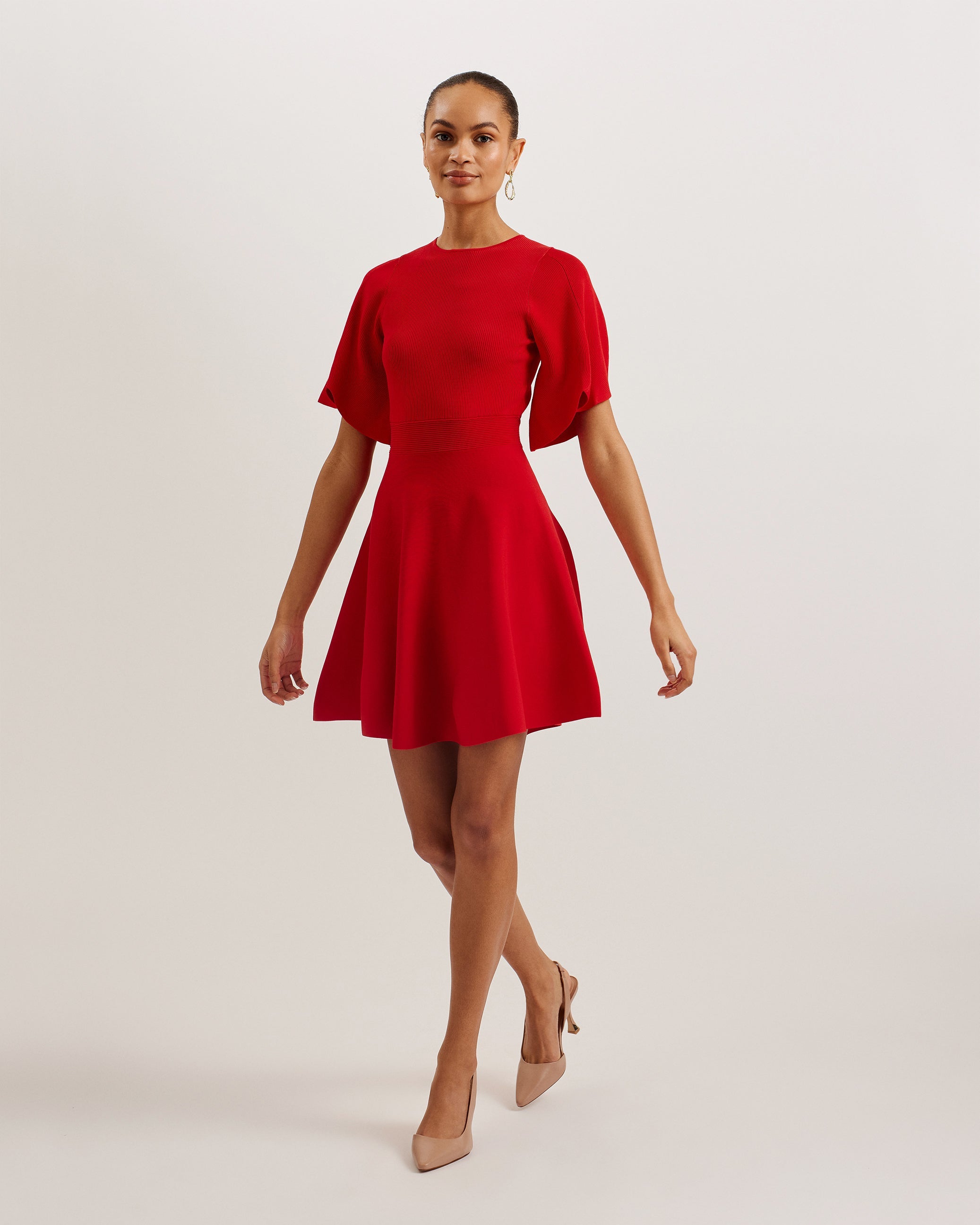 Oliviha Rib Engineered Skater Dress Red
