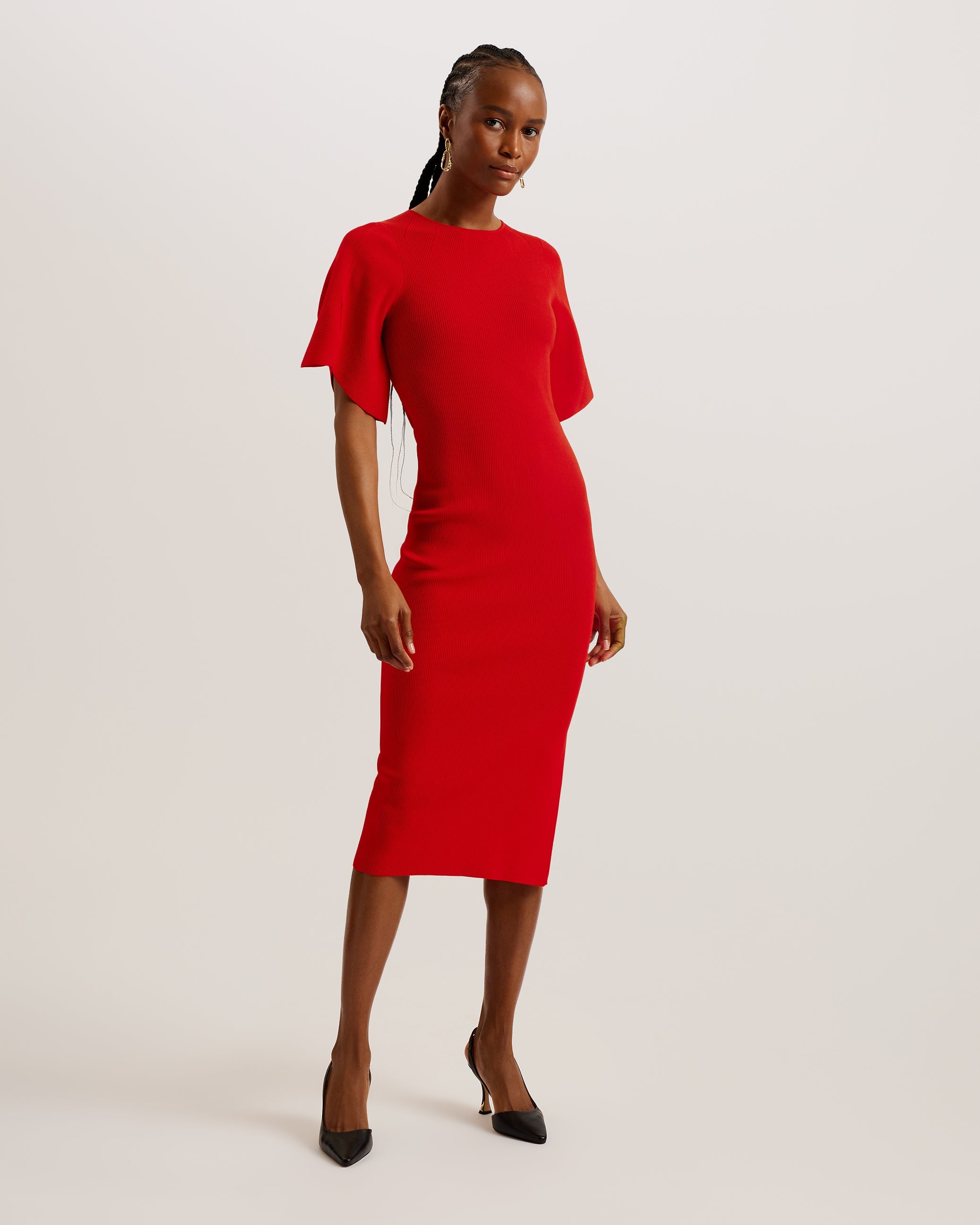 Raelea Fluted Sleeve Knitted Bodycon Midi Dress Red