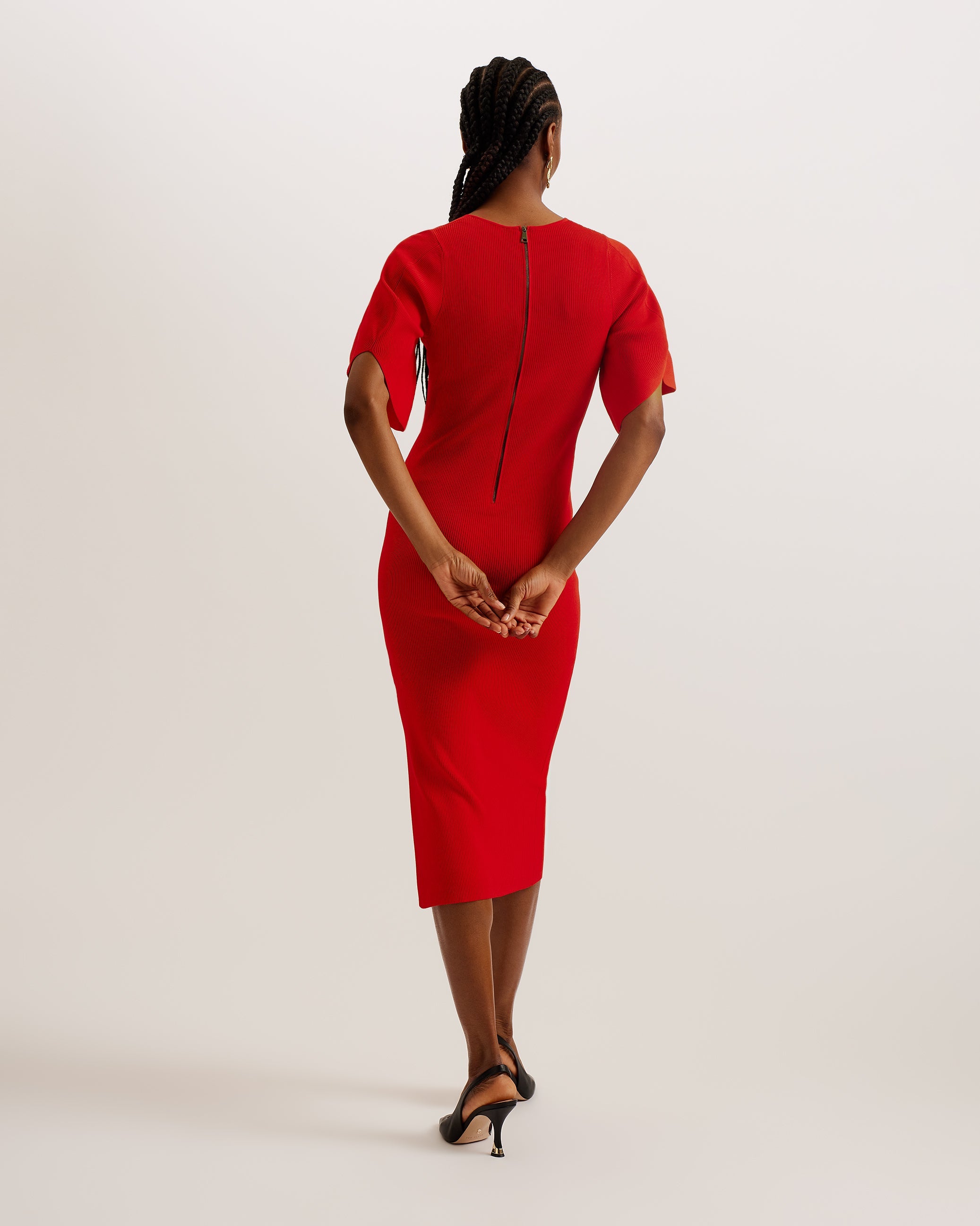 Raelea Fluted Sleeve Knitted Bodycon Midi Dress Red