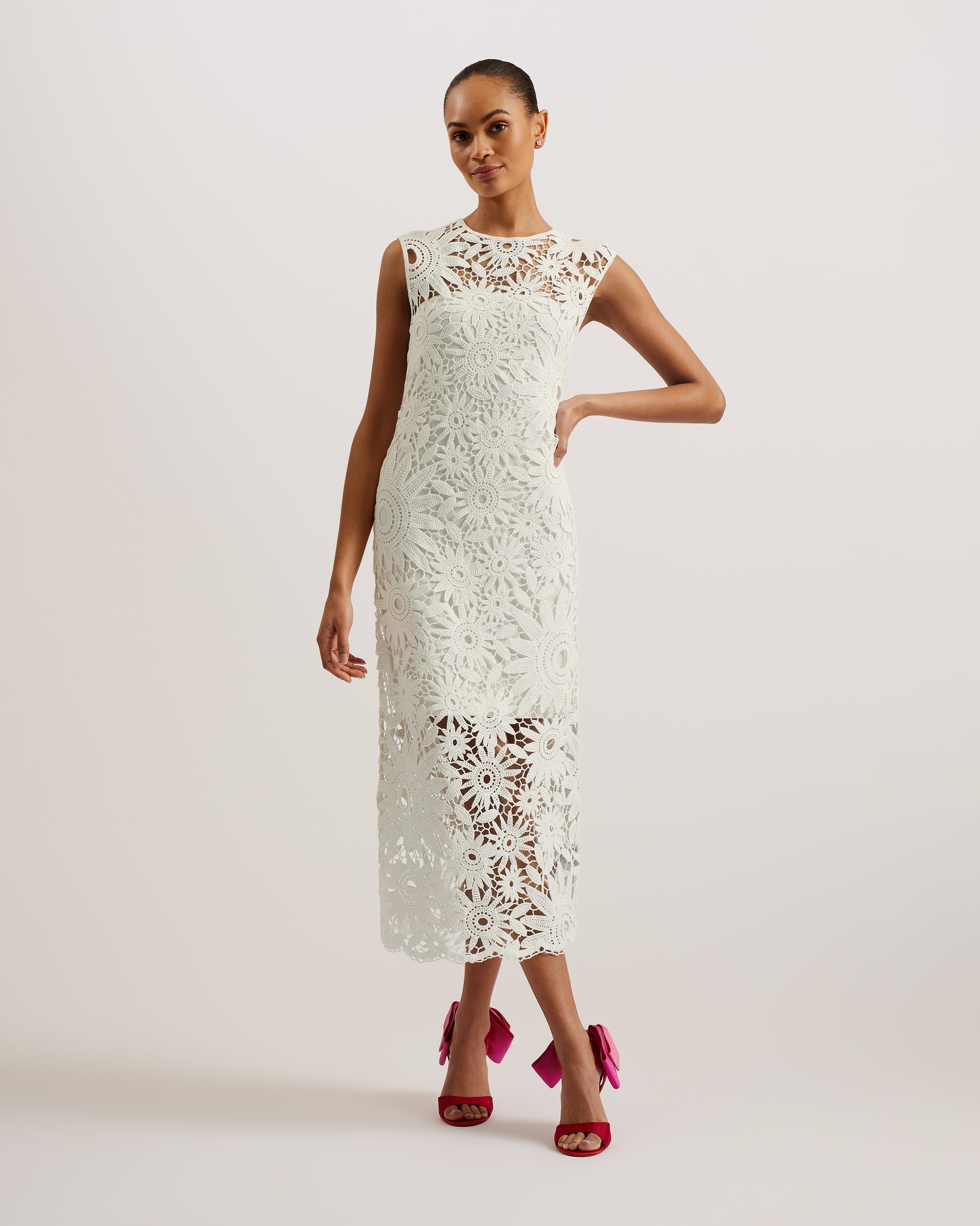 Corha Crochet Sleeveless Midi Dress Ivory