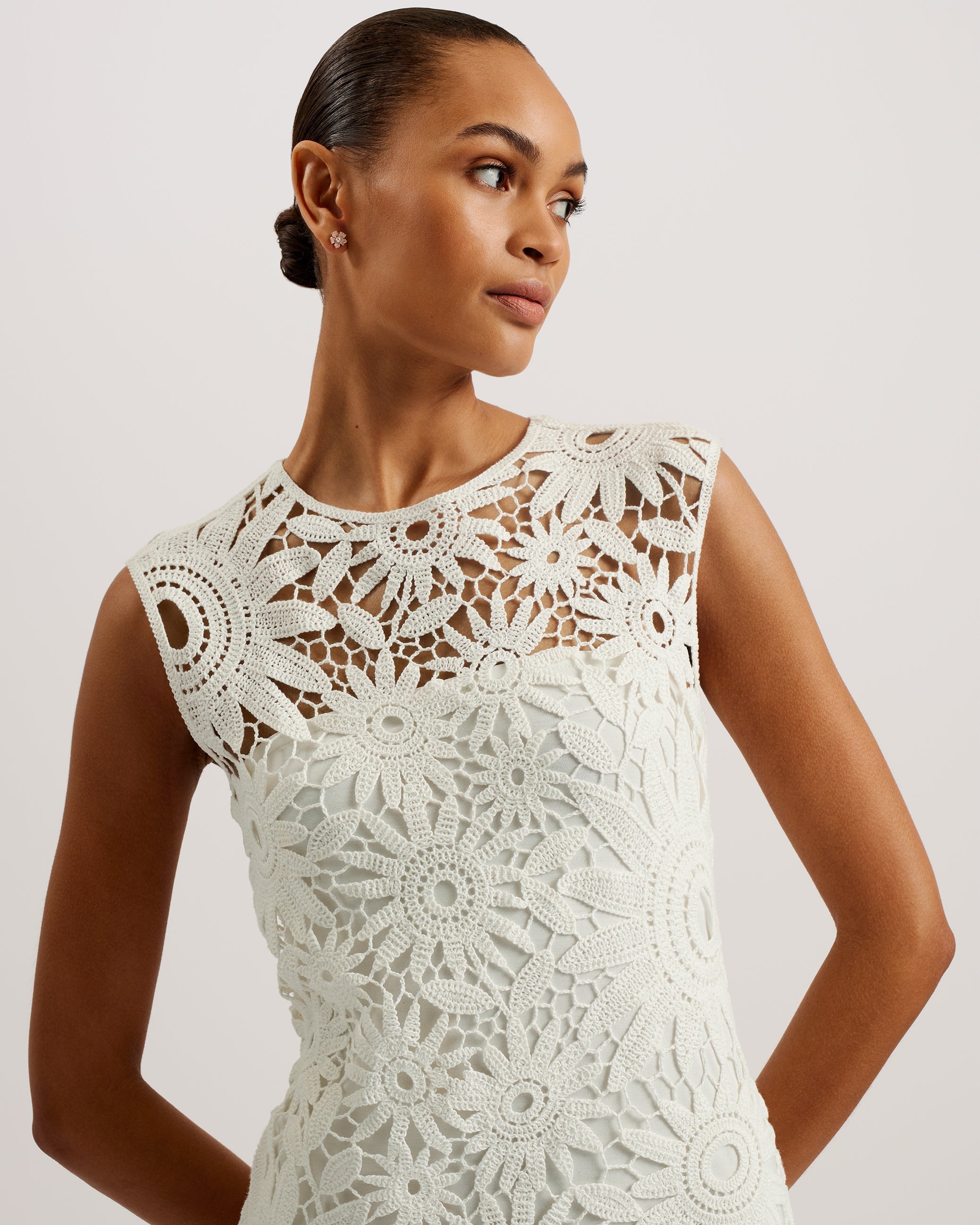 Corha Crochet Sleeveless Midi Dress Ivory