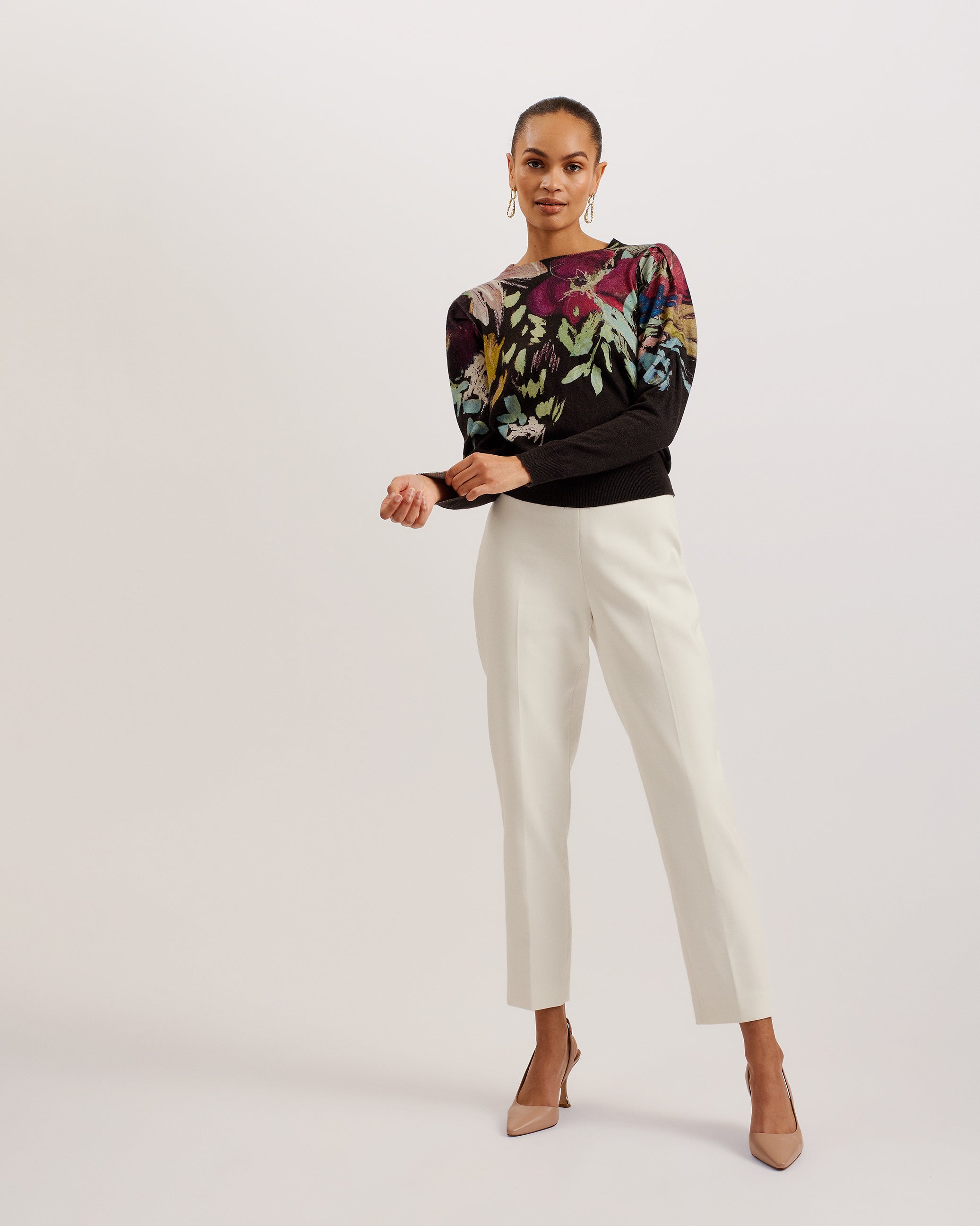 Magarit Pleated Long Sleeve Printed Sweater Black