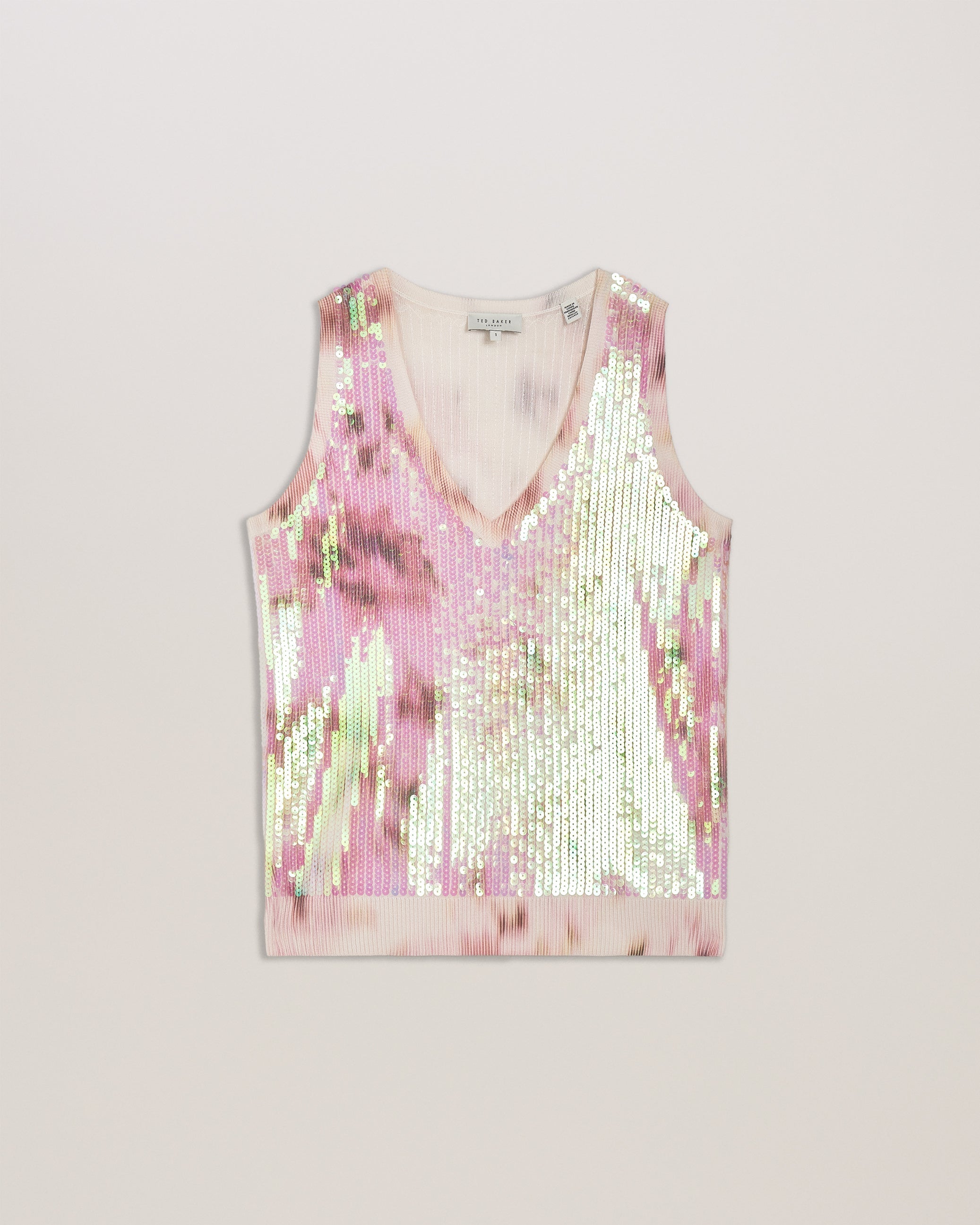 Velmaa Printed Knit V Neck Easy Fit Top Lt-Pink