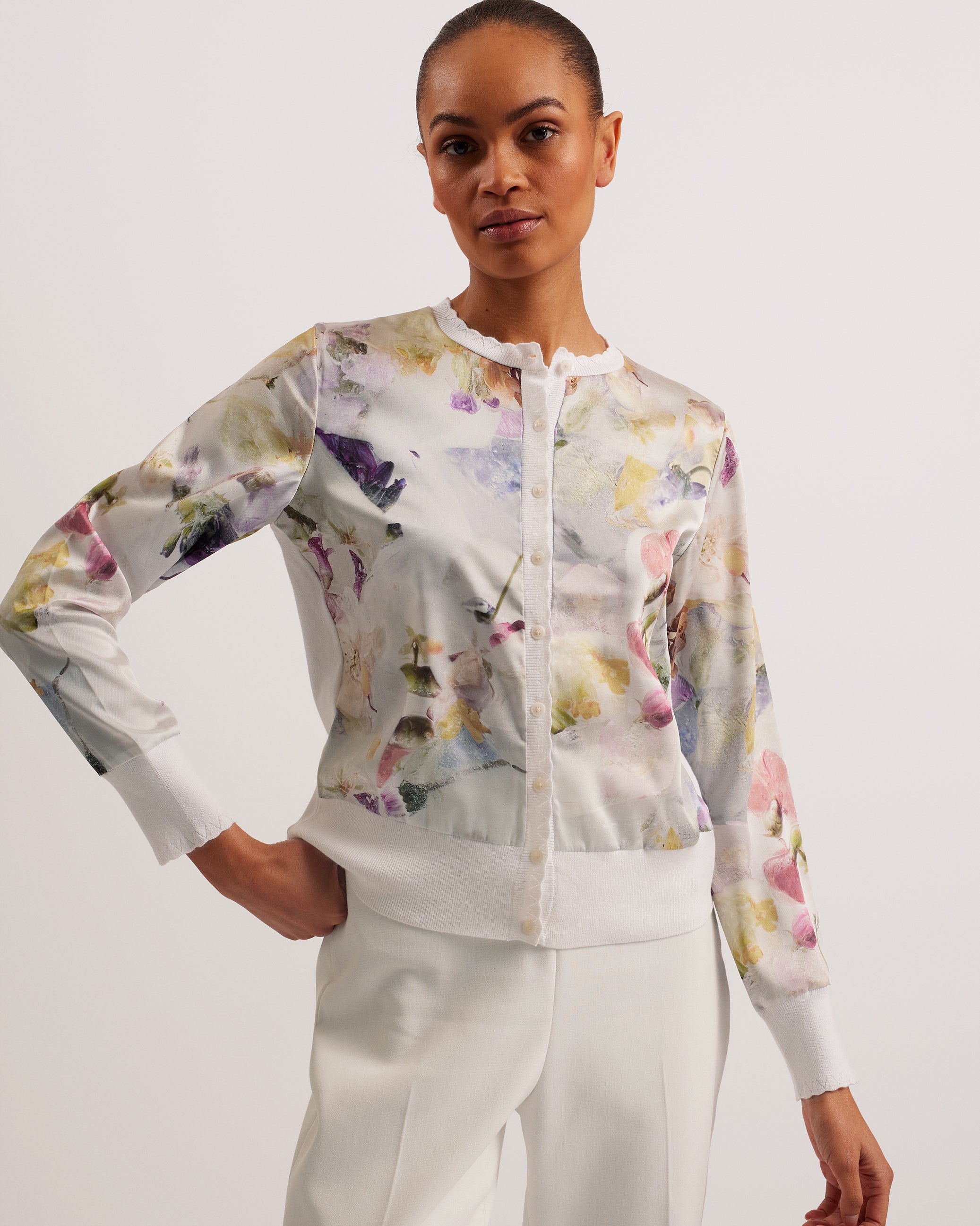 Haylou Scallop Trim High Neck Woven Front  Cardigan White
