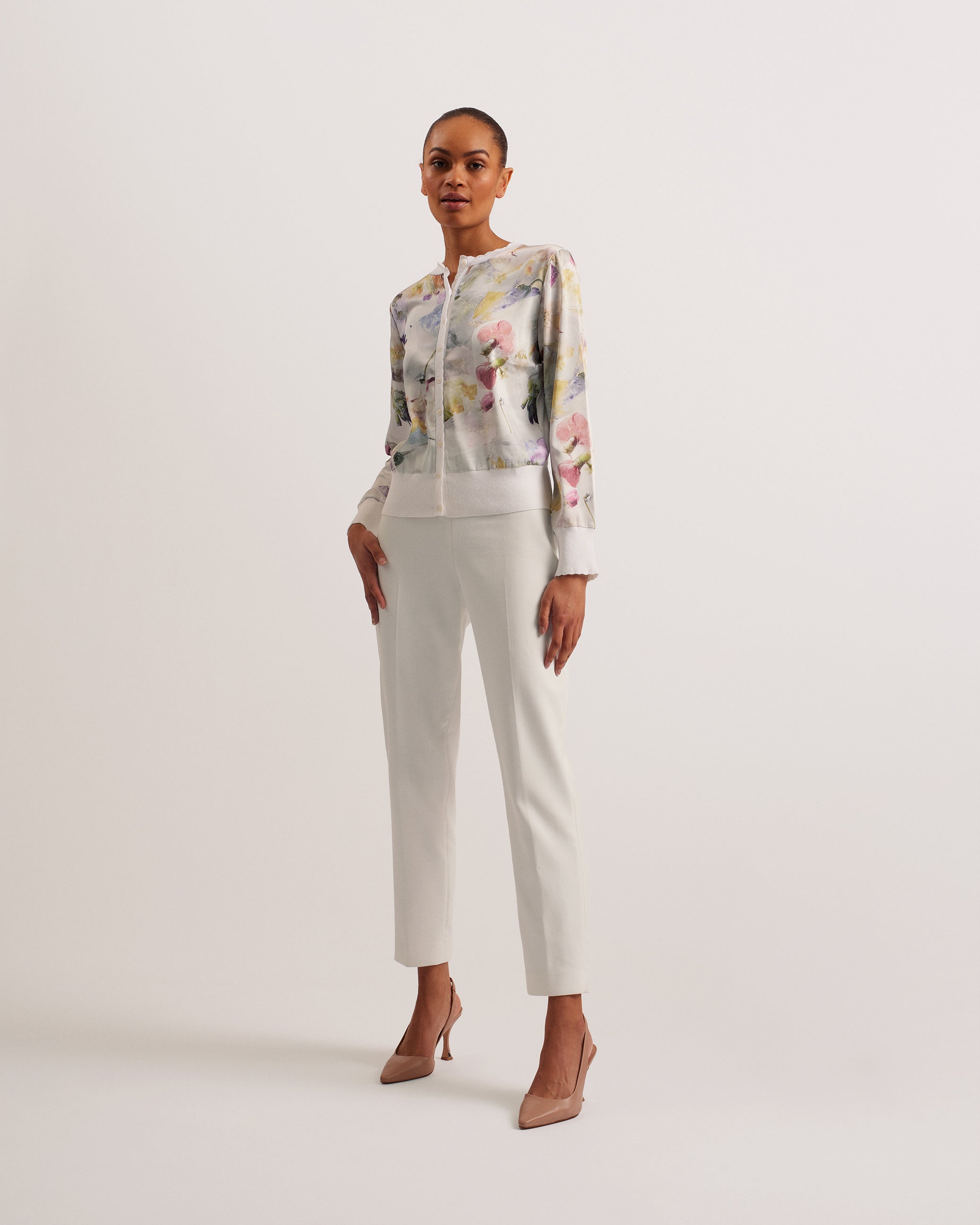 Haylou Scallop Trim High Neck Woven Front  Cardigan White
