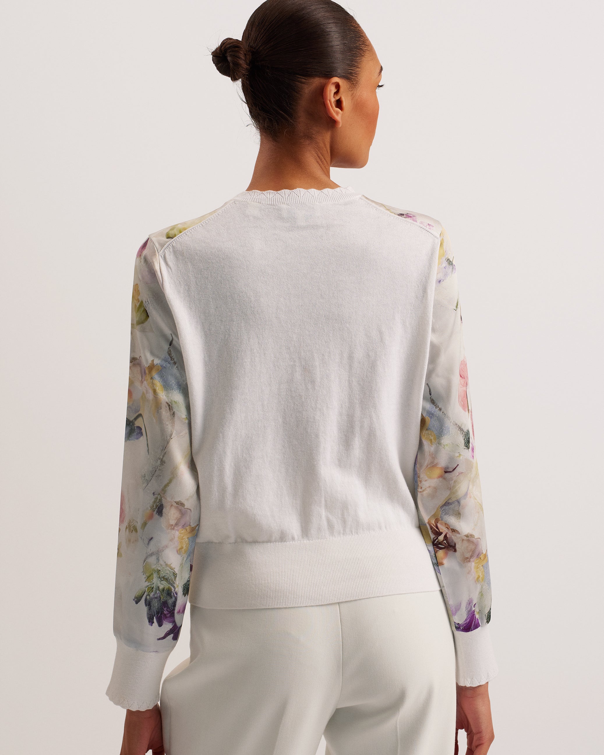 Haylou Scallop Trim High Neck Woven Front  Cardigan White