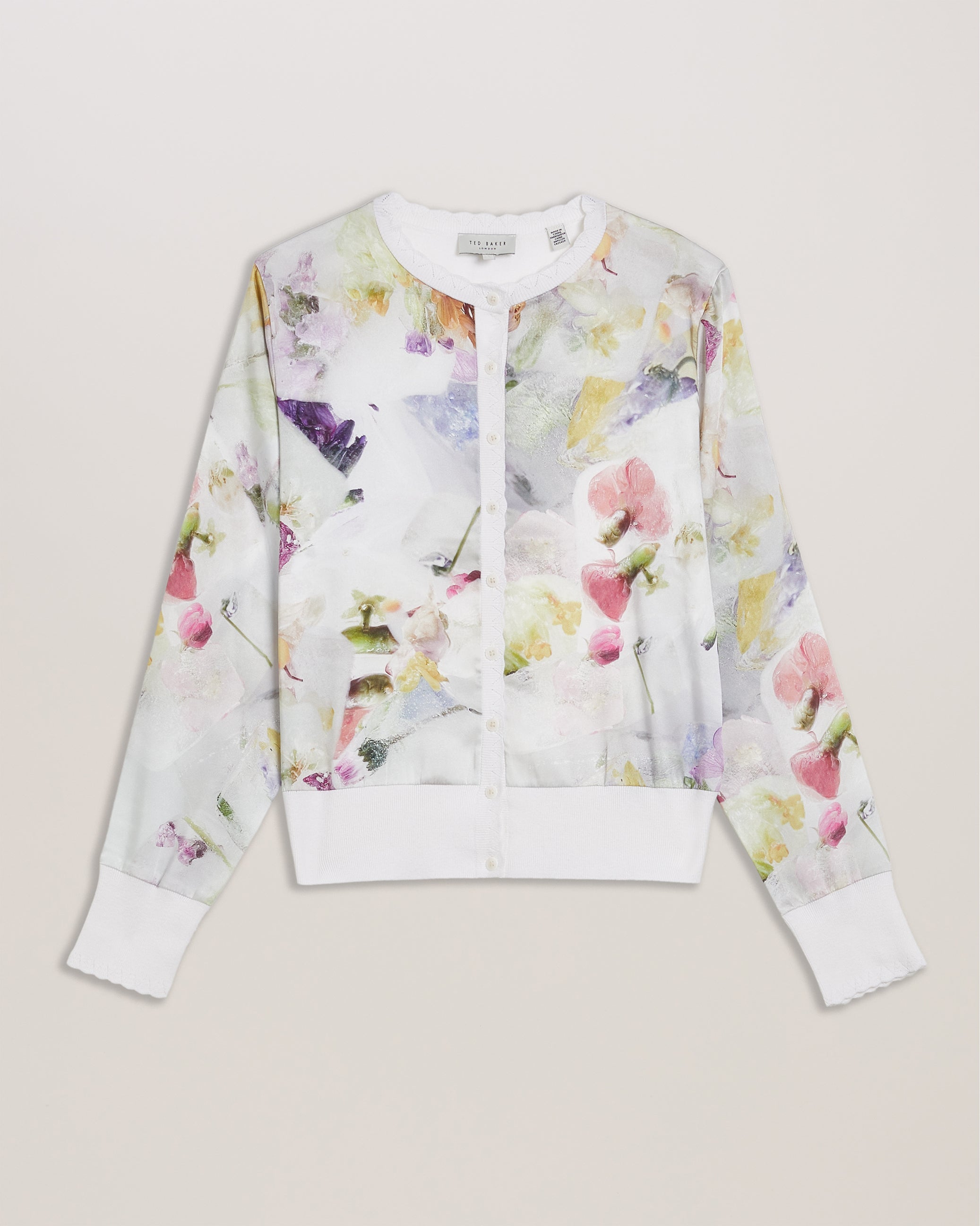Haylou Scallop Trim High Neck Woven Front  Cardigan White