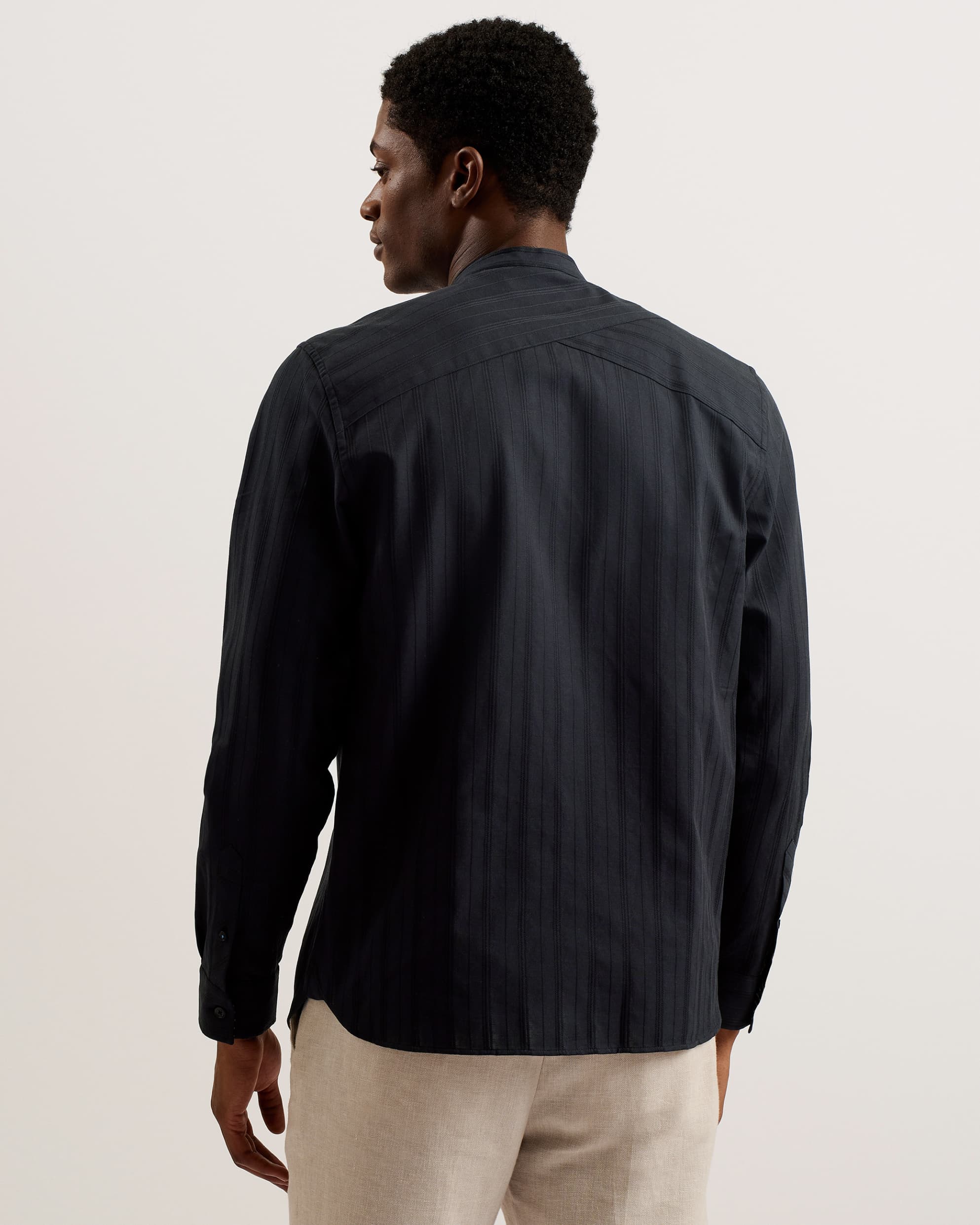 Fier Textured Stripe Grandad Collar Shirt Black