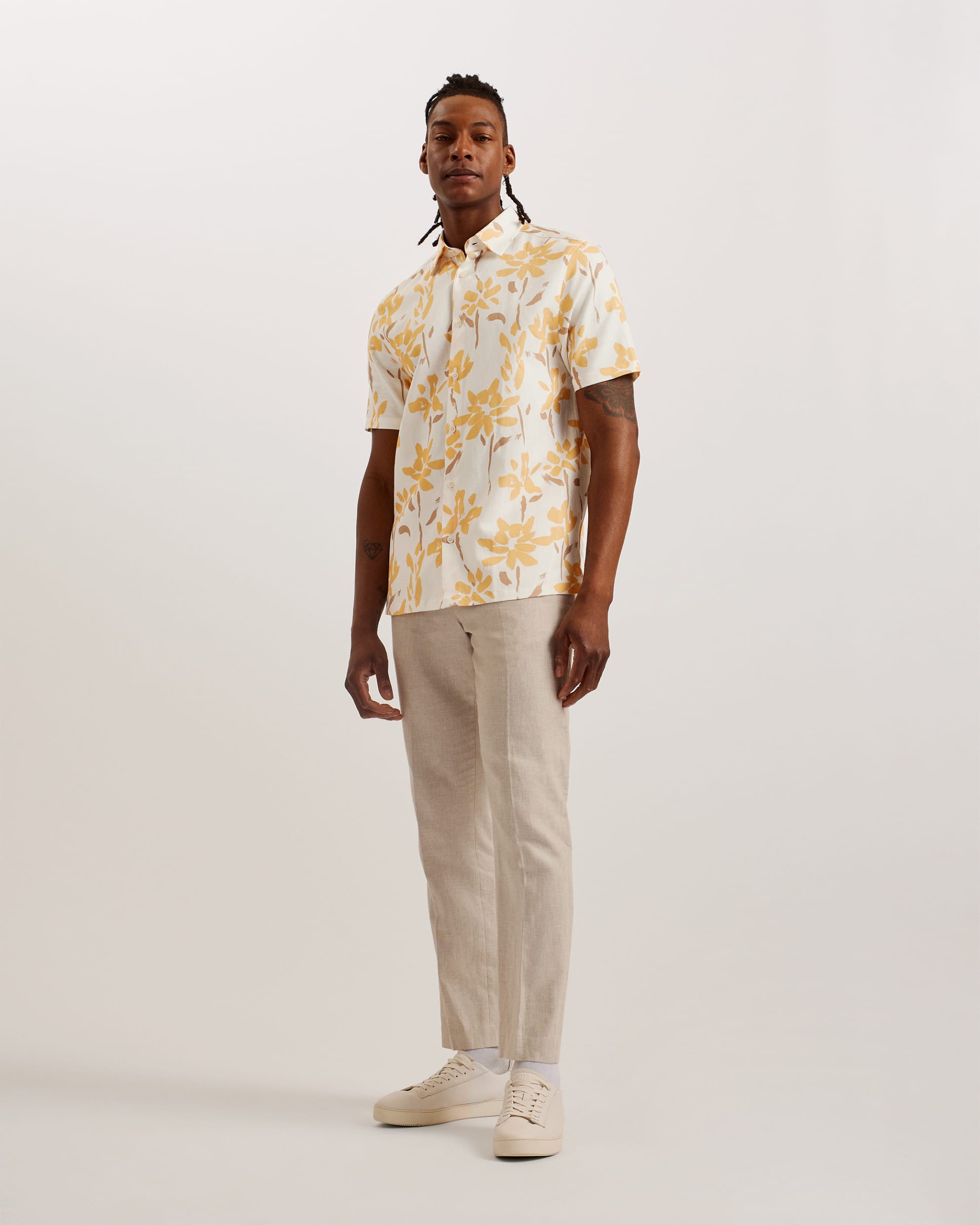 Verzee Short Sleeve Floral Print Shirt Yellow