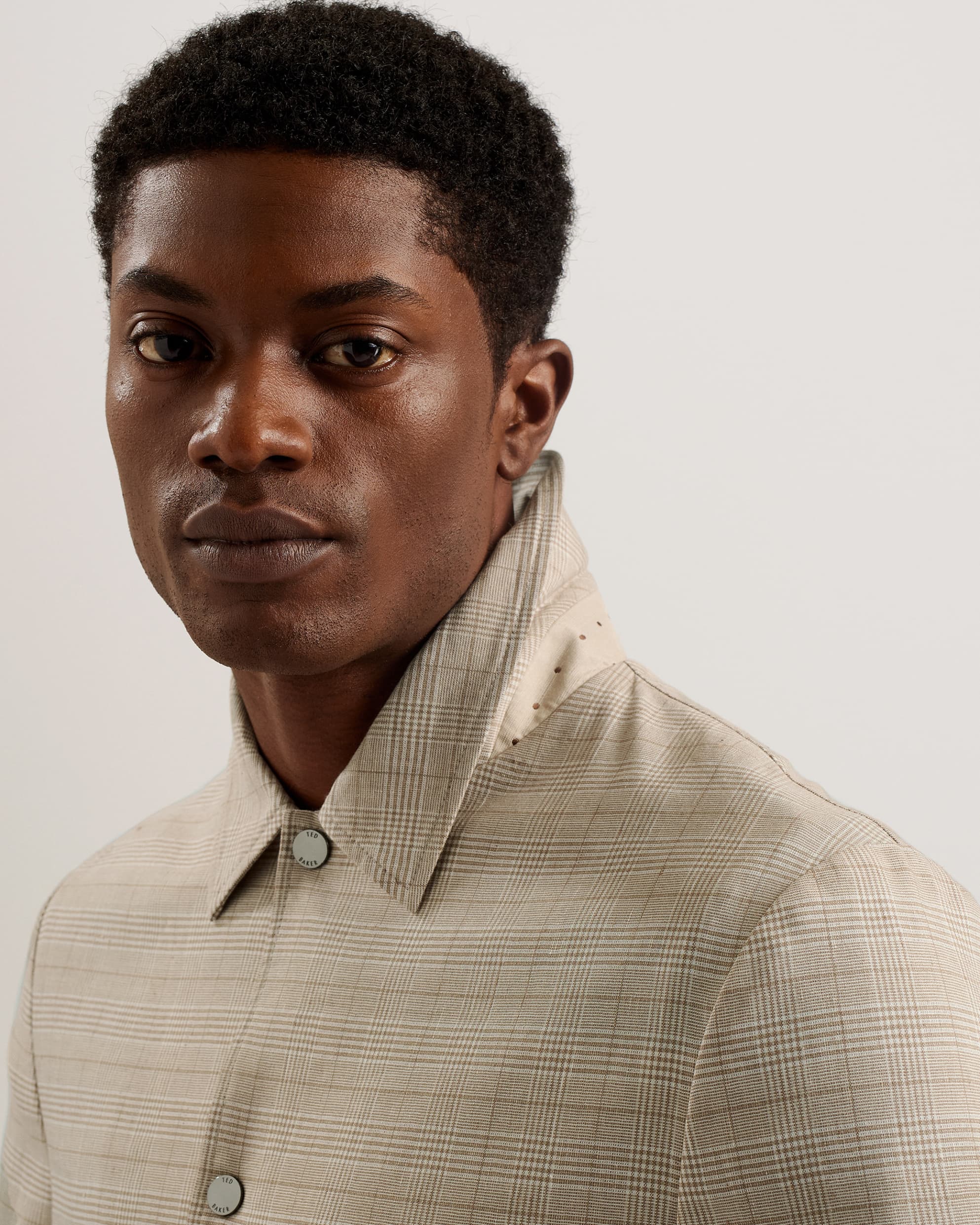 Firs Check Print Collared Linen Jacket Taupe