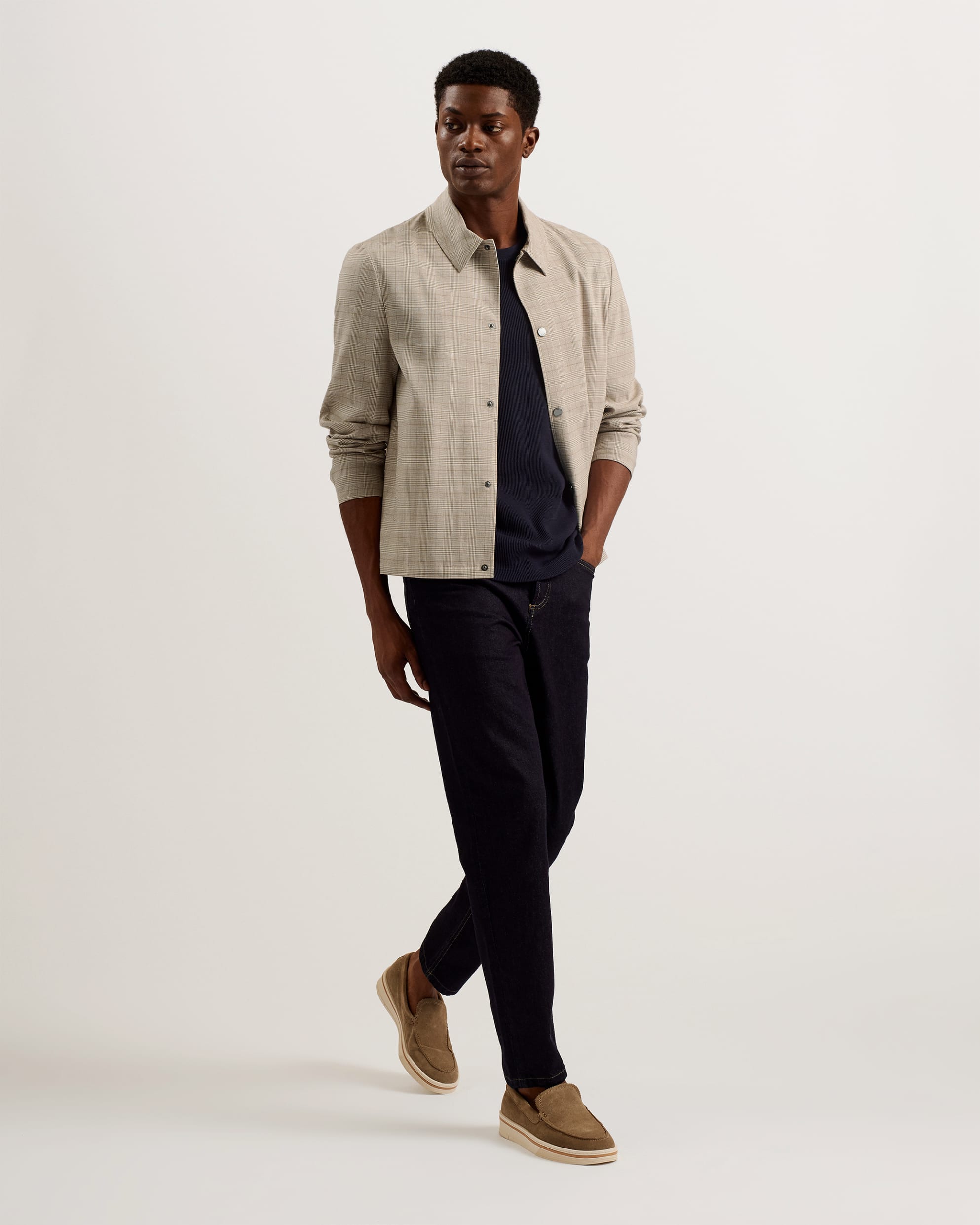 Firs Check Print Collared Linen Jacket Taupe