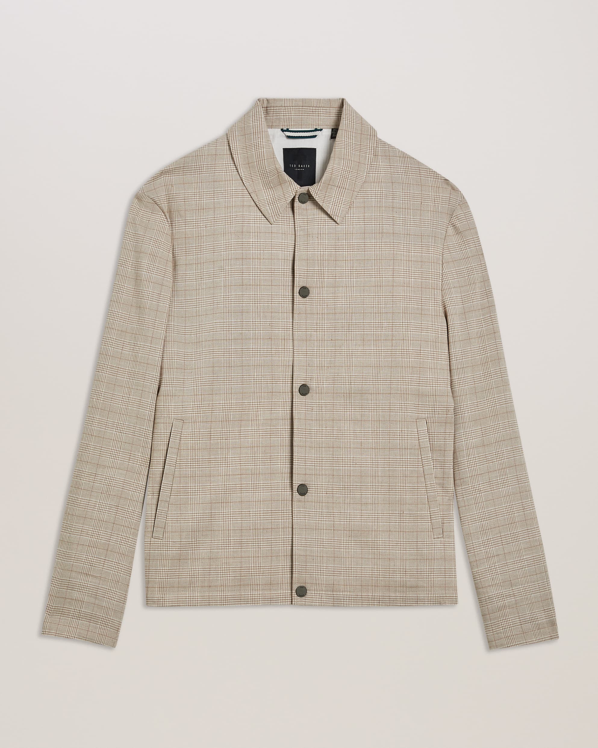 Firs Check Print Collared Linen Jacket Taupe