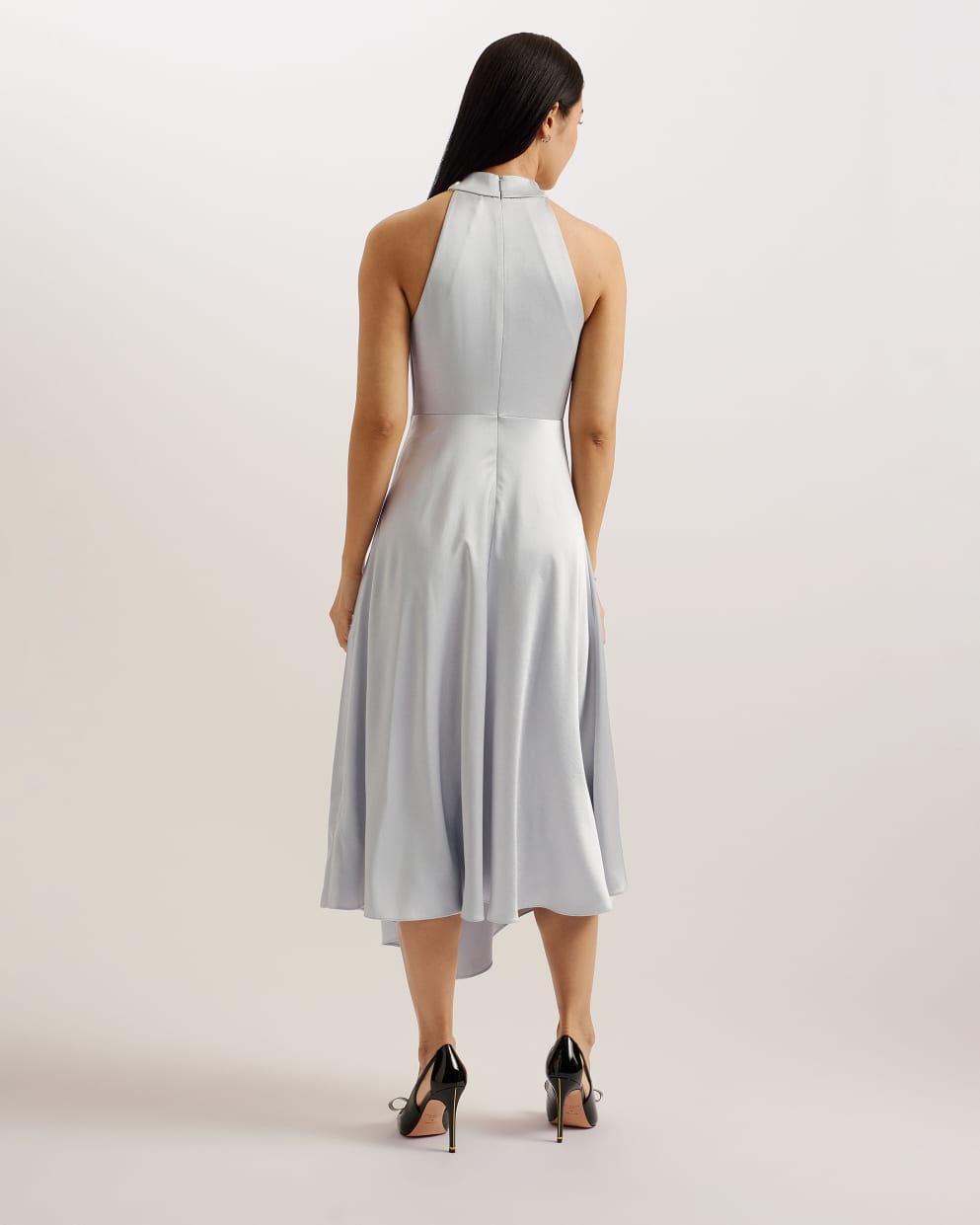 Shop Masae Twist Neck Satin Asymmetric Midi Dress Lt-Grey for Women Online 