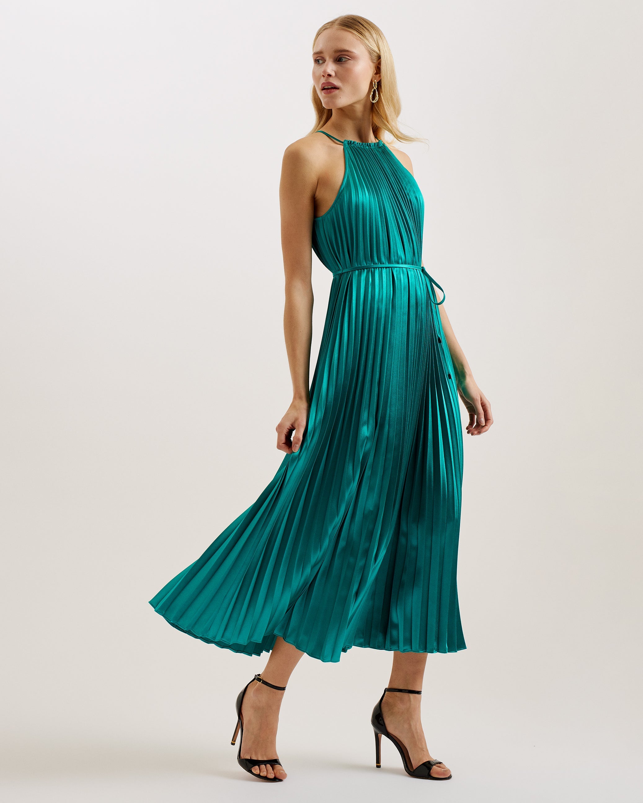 Melike Satin Pleated Halterneck Midi Dress Green