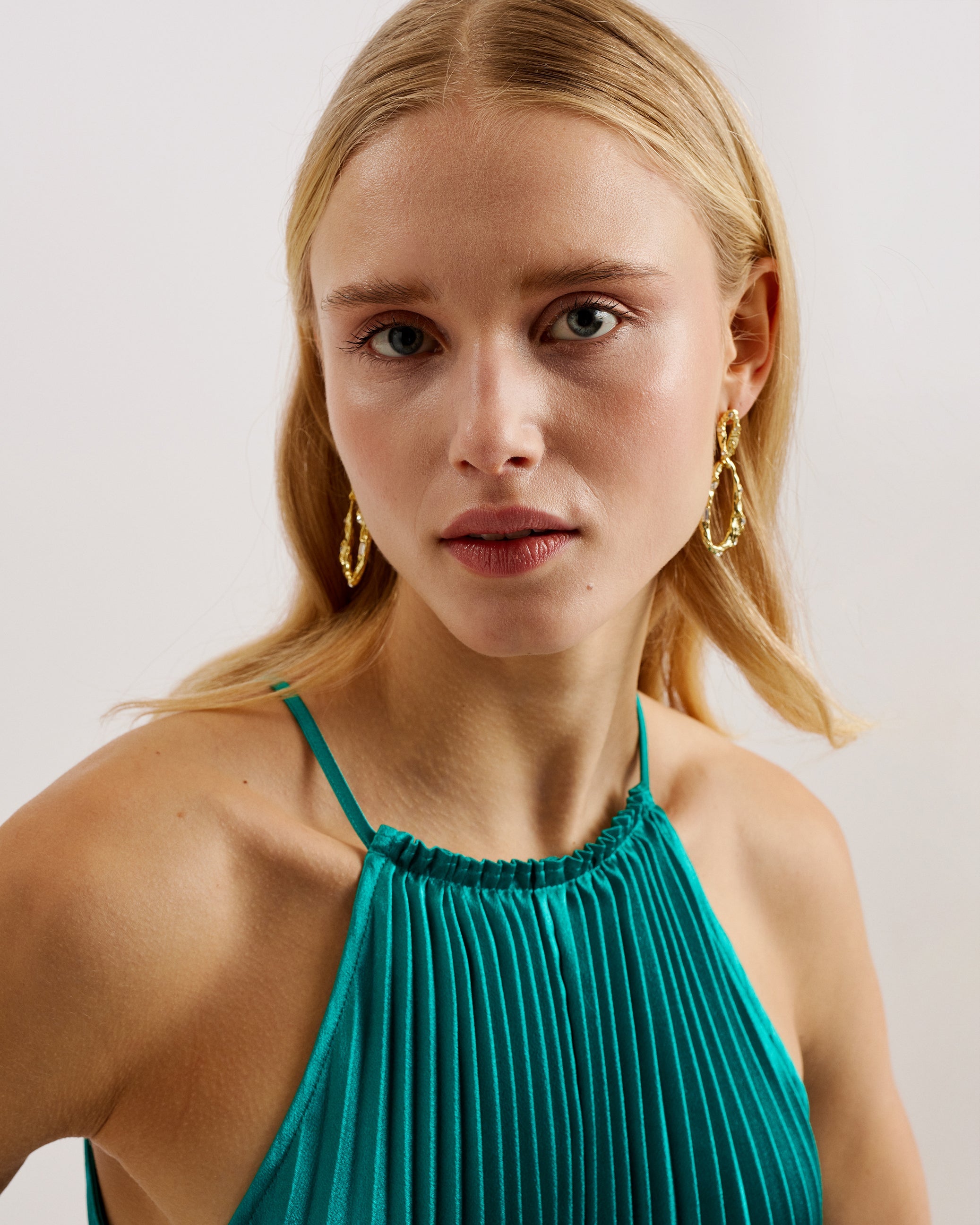 Melike Satin Pleated Halterneck Midi Dress Green