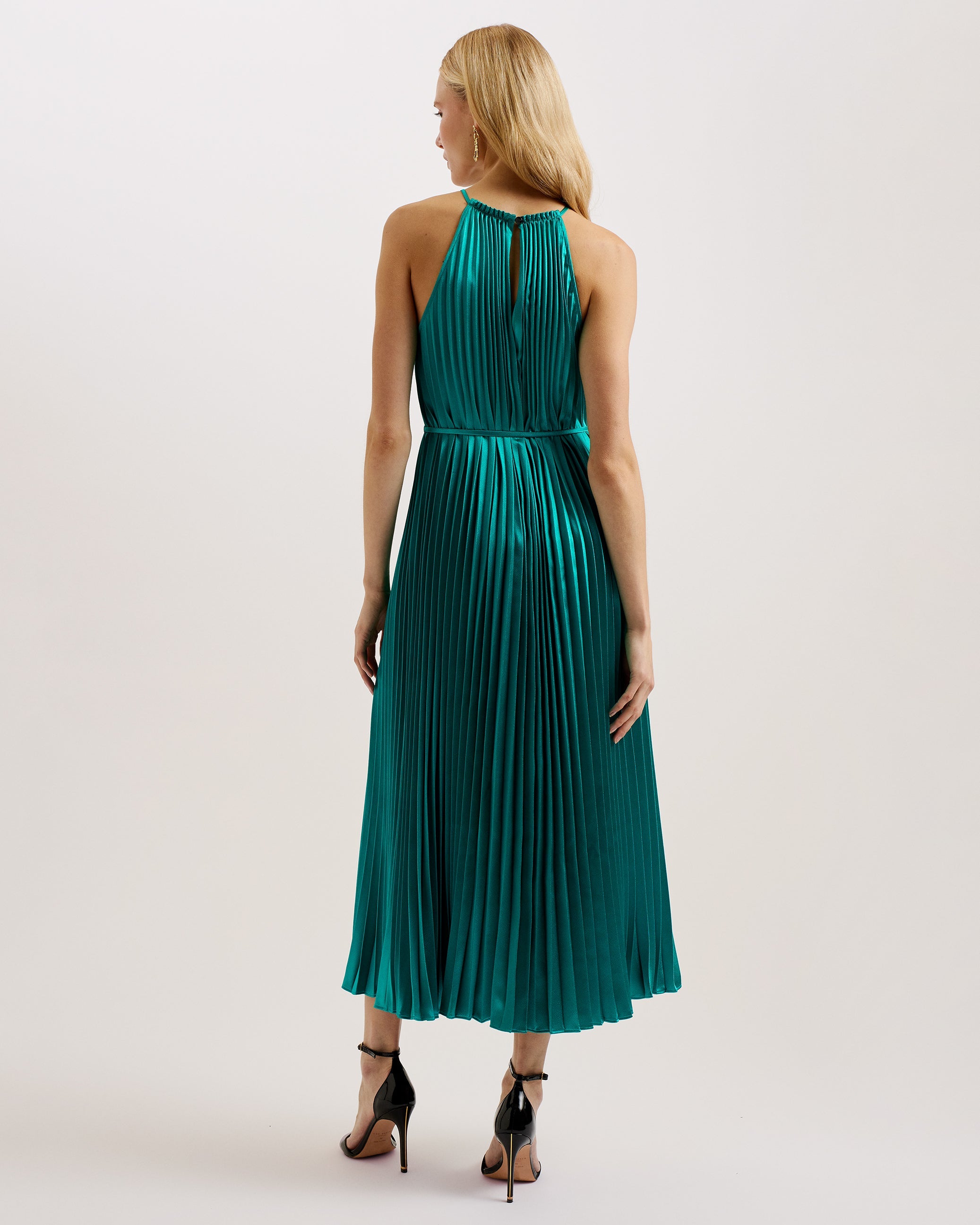 Melike Satin Pleated Halterneck Midi Dress Green