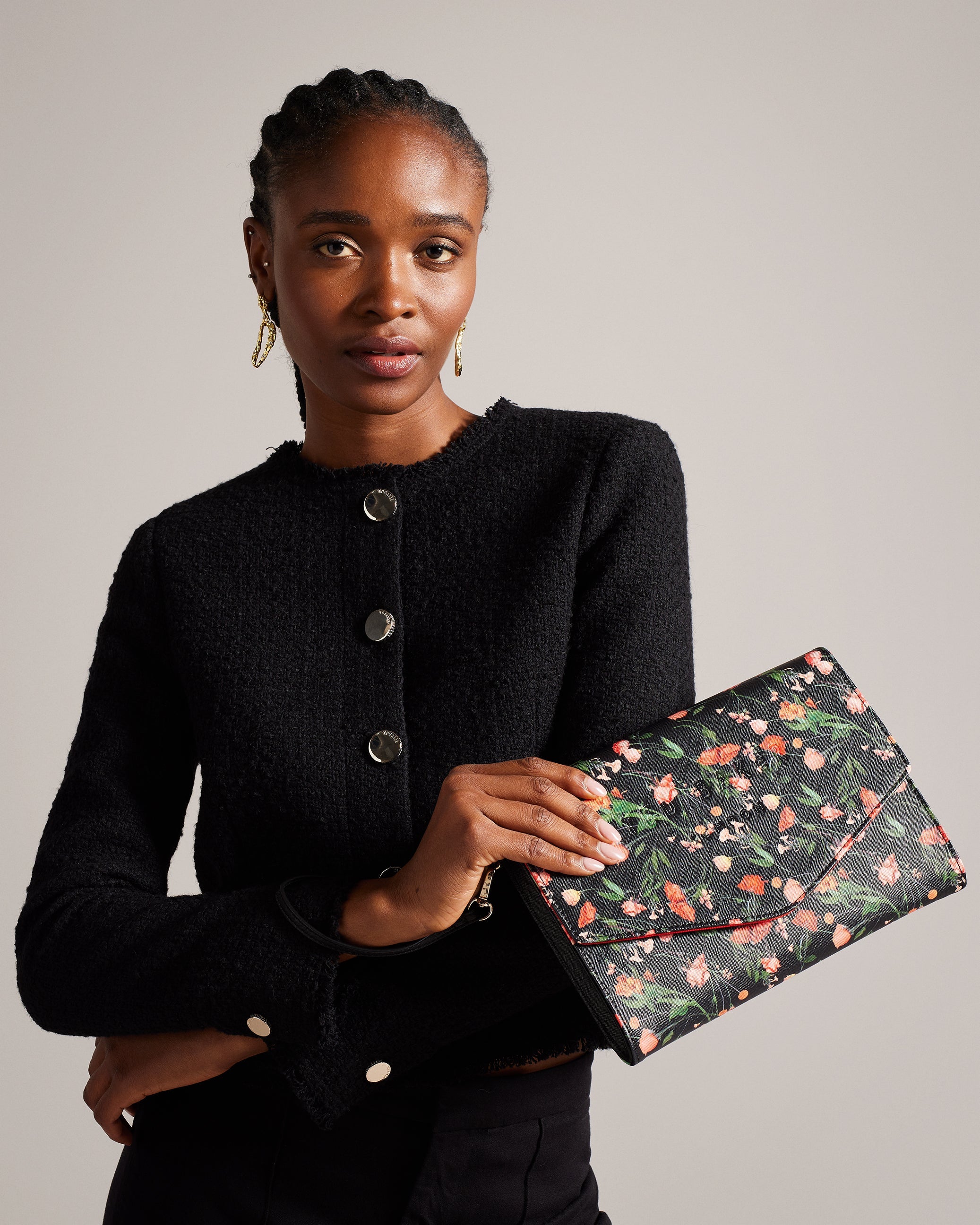 Paiticn Floral Print Envelope Clutch Black