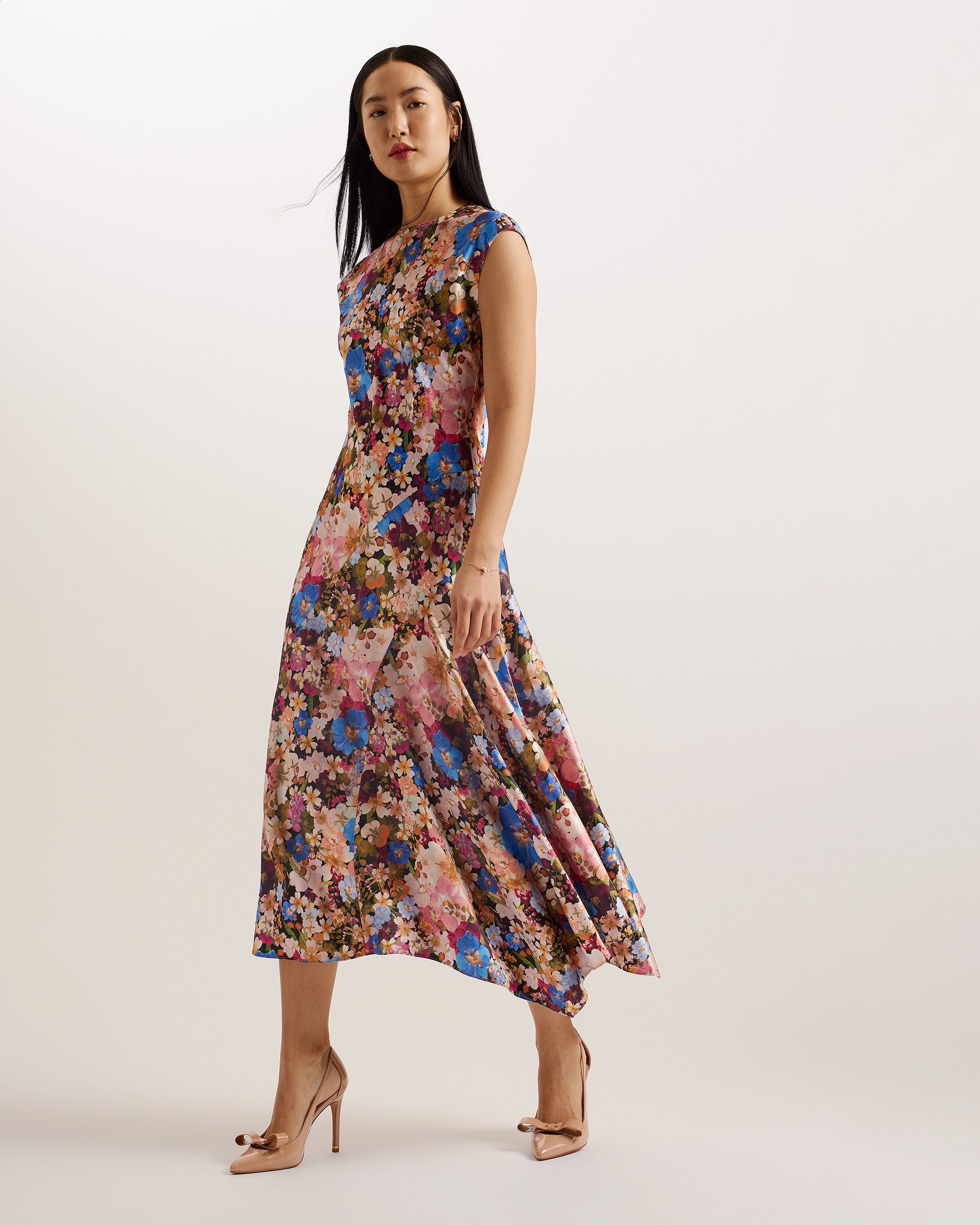 Slanno Floral Asymmetric Midi Dress Black
