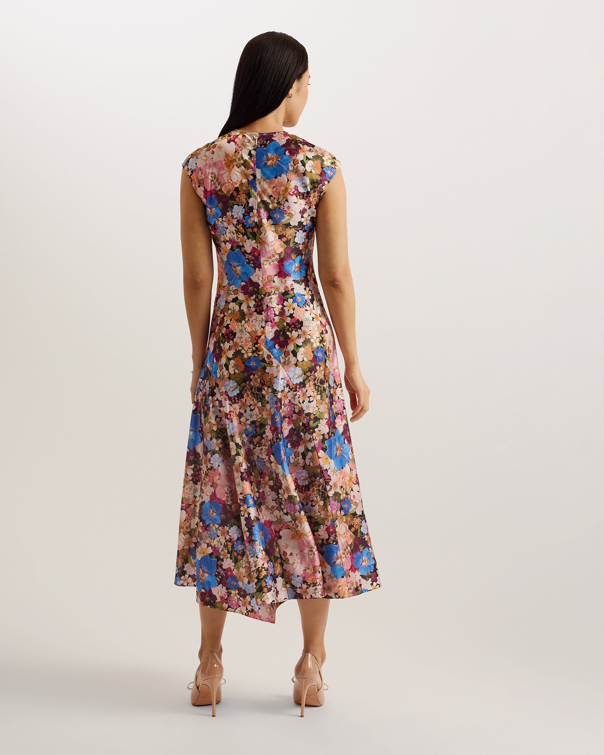 Slanno Floral Asymmetric Midi Dress Black