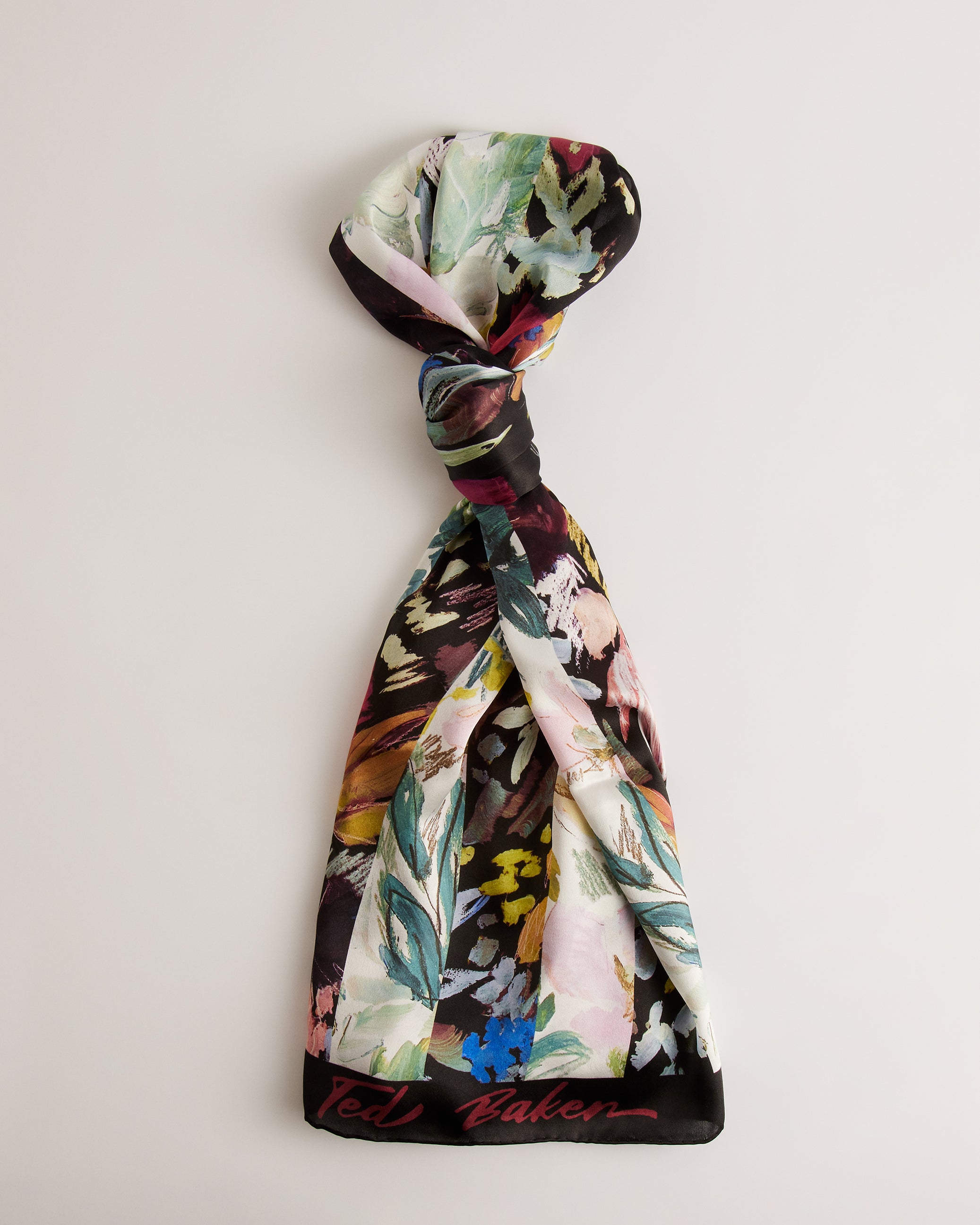 Cattiaa Floral Printed Silk Scarf Black