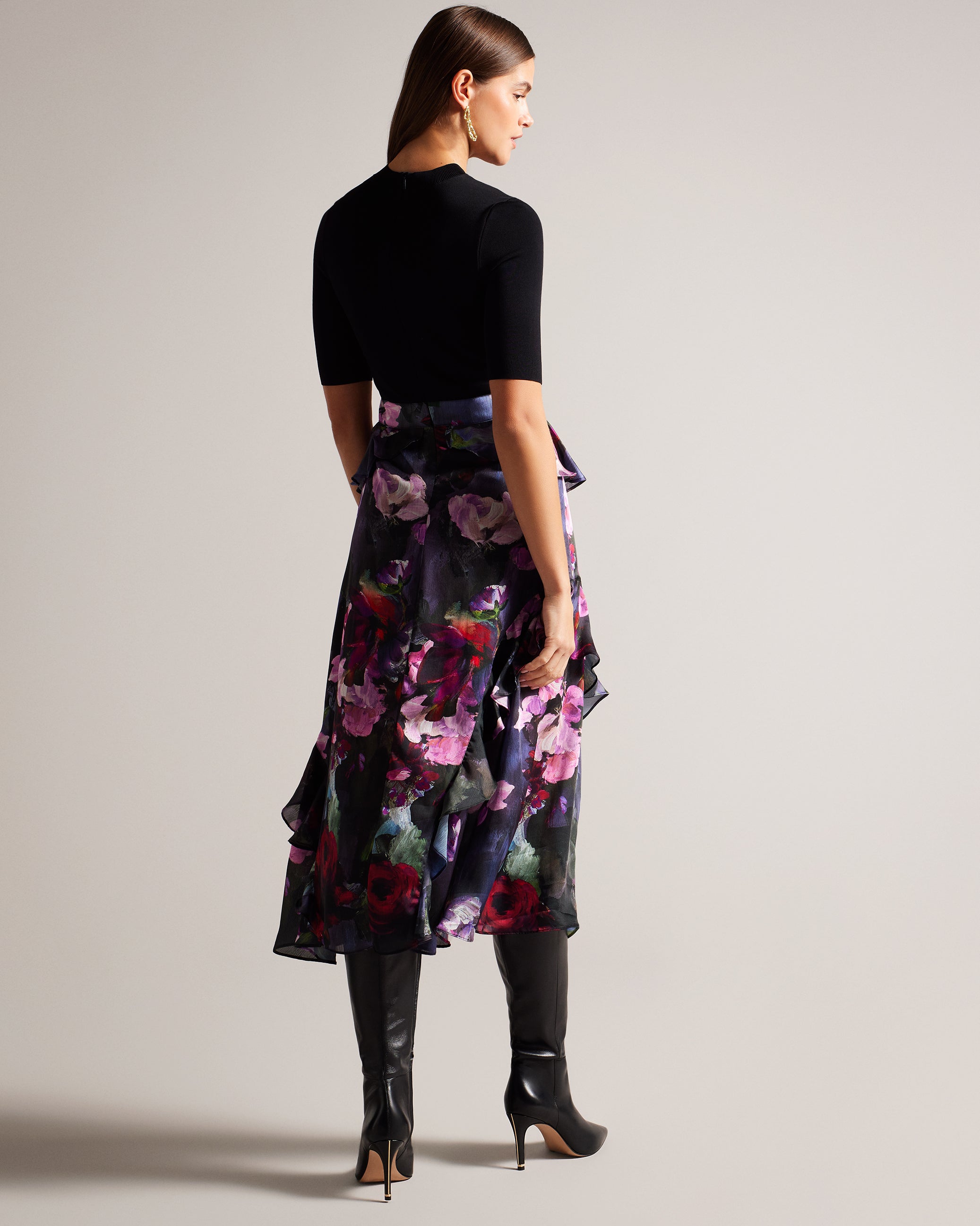 Shop Rowana Fitted Knit Bodice Dress With Ruffle Skirt Black for Women  Online