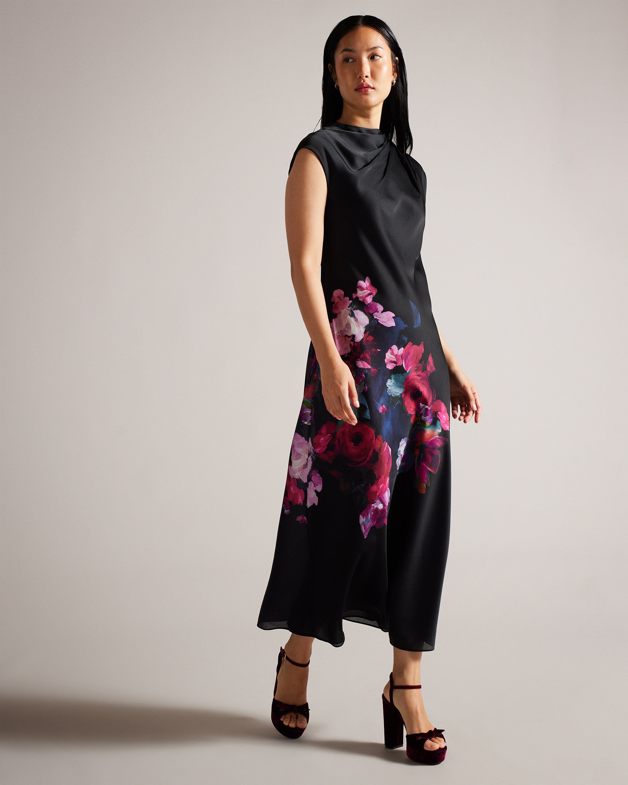 Rahelee Floral Satin Midaxi Dress With Draped Neckline Black