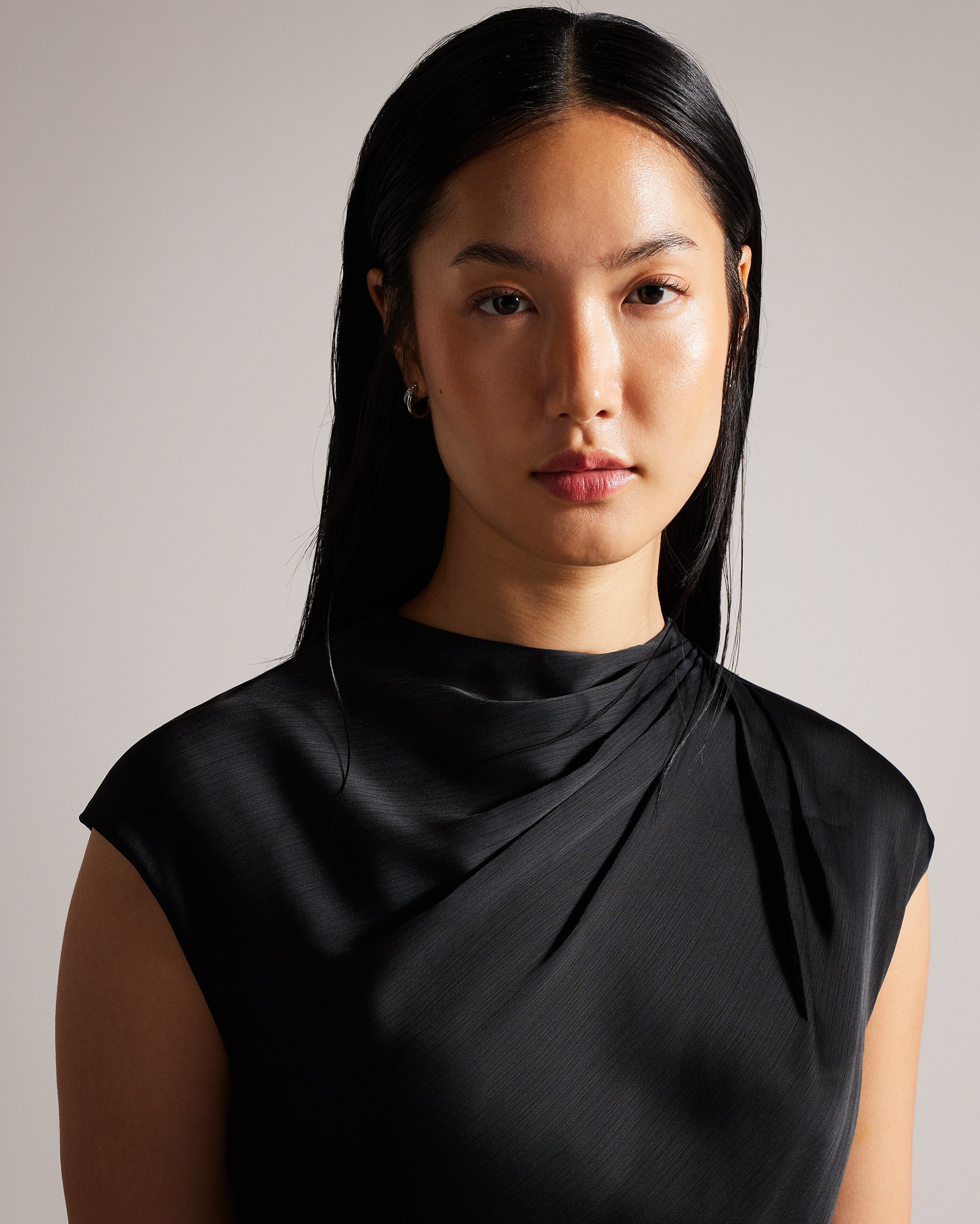Rahelee Floral Satin Midaxi Dress With Draped Neckline Black