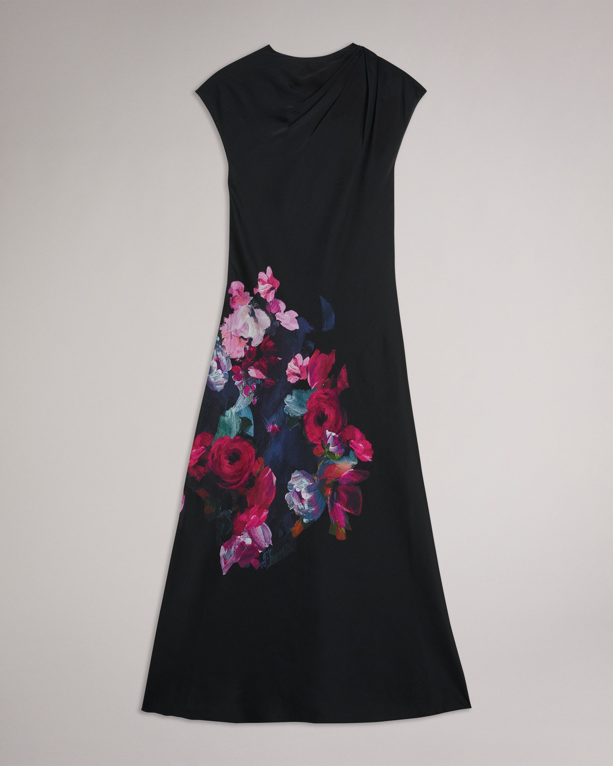 Rahelee Floral Satin Midaxi Dress With Draped Neckline Black